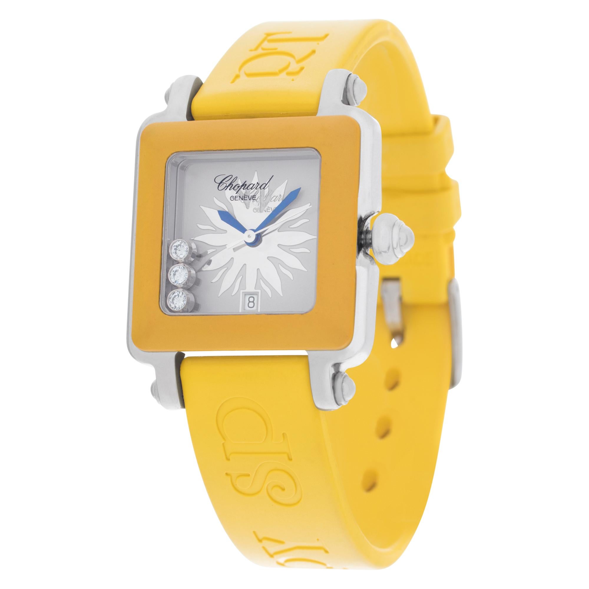 Chopard Happy Sport Be Happy 2 in stainless steel with yellow plastic bezel & 3 floating diamonds on a yellow Chopard rubber strap with tang buckle. With sweep seconds and date. 27 mm case size. Ref 27/8896. Circa 2000s. Fine Pre-owned Chopard