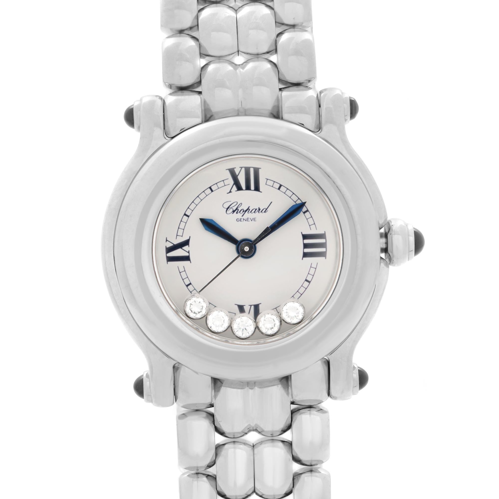 Pre-owned Chopard Happy Sport Diamond Steel Ladies Watch 27/8250-23. Floating Five Diamonds. Beautiful Timepiece Features: Stainless Steel Case with a Stainless Steel Bracelet. Fixed Stainless Steel Bezel. White Dial with 5 Floating Diamonds with
