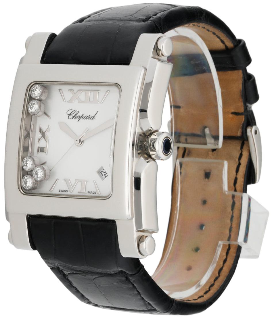 Chopard Happy Sport 28/8447 Mens Watch. 36 mm stainless steel square case. White dial with silver hands and markers. Date display between 4 and 5 o'clock. Five round cut floating diamonds. Black leather strap with stainless steel buckle. Will fit up