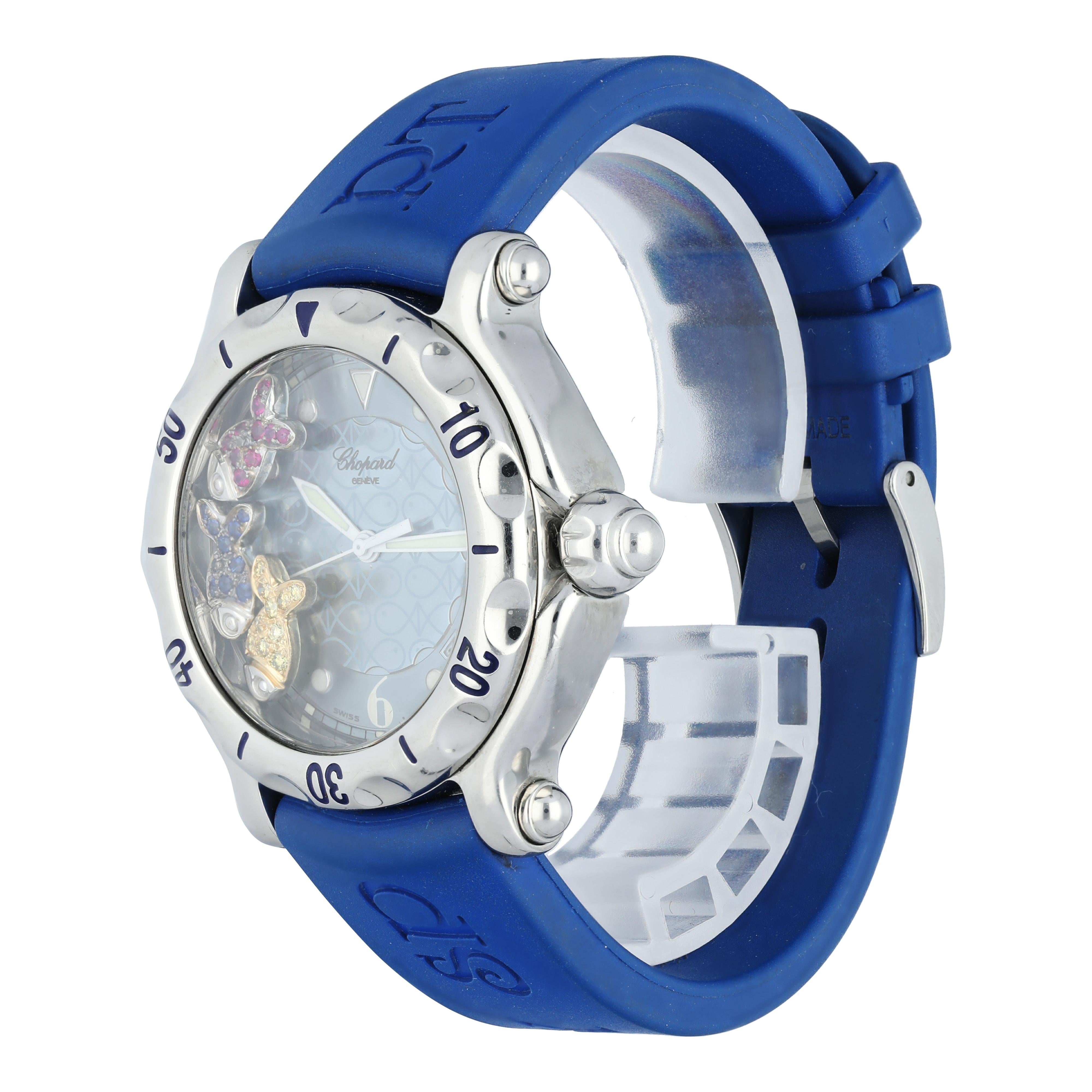 Chopard Happy Sport Happy Beach 8347 Ladies Watch. 
38mm Stainless Steel case. 
Stainless Steel Unidirectional bezel. 
Blue dial with Luminous Steel hands and dot hour markers. 
Minute markers on the outer dial. 
Date display between the 4 & 5