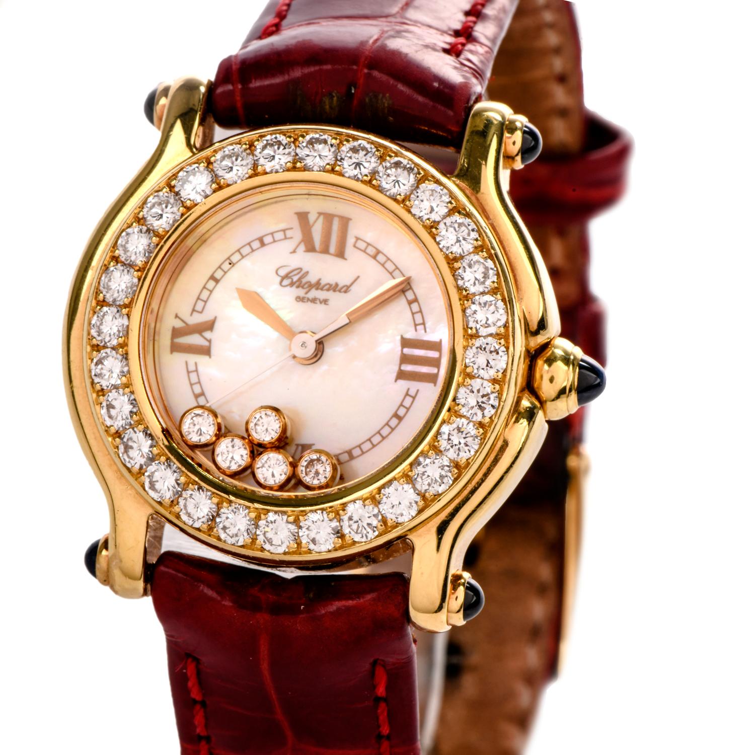 Pristine Preowned Ladies 26mm Chopard Happy Sport  Diamond watch was crafted in 18K gold.

Solid gold casing with cabachon Sapphire lugs and crown tip.  Mother of Pearl dial 

with 5 floating diamonds and Diamond Bezel. Quartz movement.

Burgandy