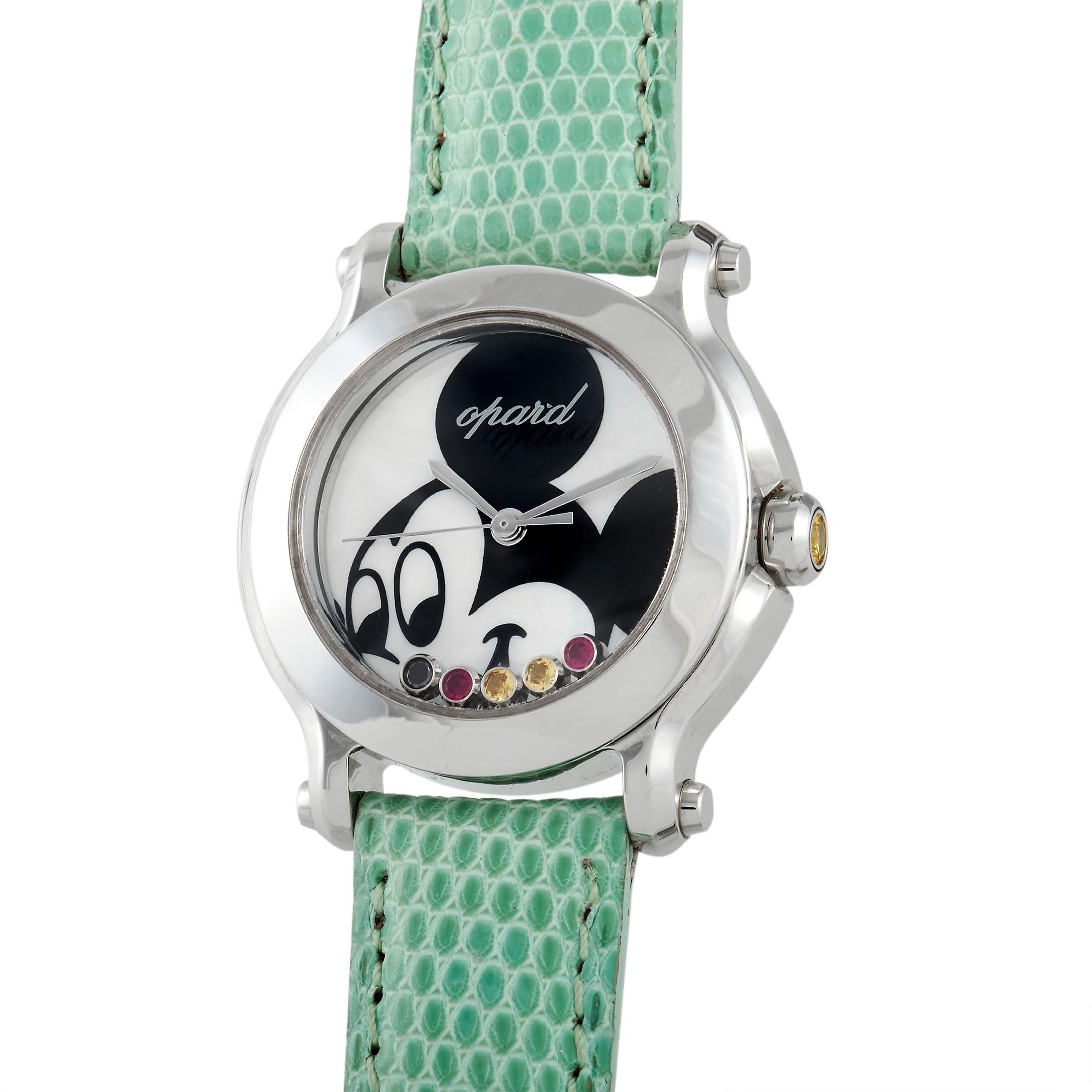The Chopard Happy Sport Happy Mickey Watch, reference number 278509-3045, is a charming accessory that will instantly add color to your world. 

This fun timepiece features a round stainless steel 30mm case attached to an aqua-colored strap. On the