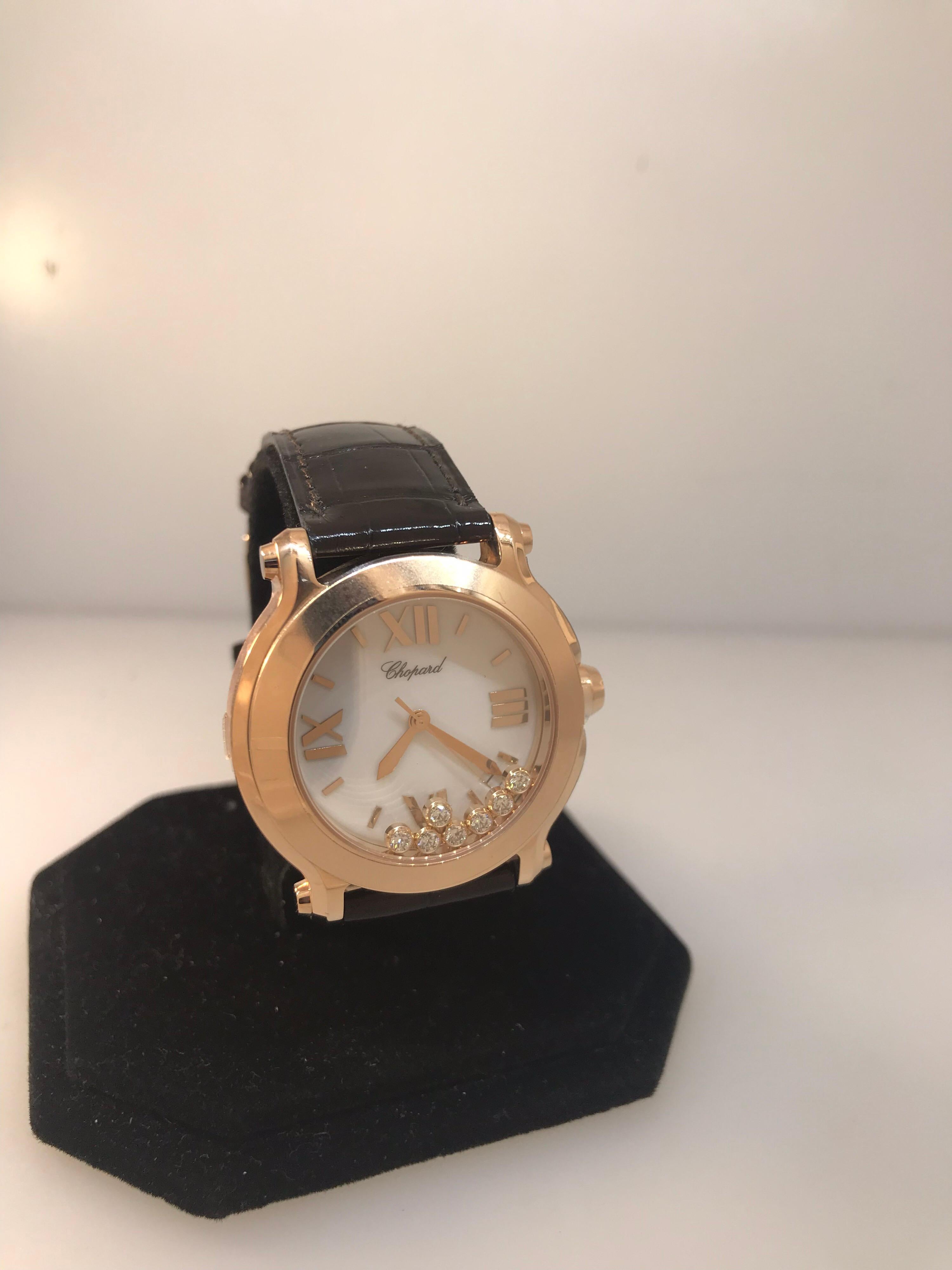 Chopard Happy Sport II Ladies Watch

Model Number: 27/7471-5001

100% Authentic

Brand New

Comes with original Chopard box, certificate of authenticity and warranty and instruction manual

18 Karat Rose Gold Case (60gr)

Scratch Resistant Sapphire