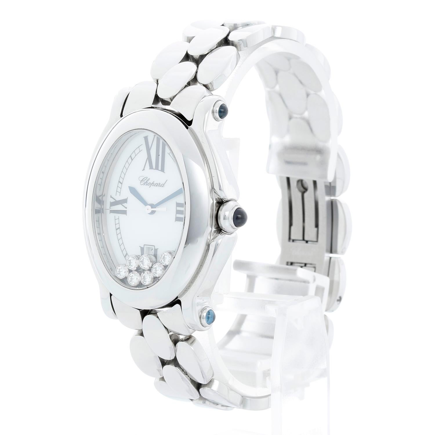 Chopard Happy Sport Ladies Stainless Steel watch with Floating Diamonds 27/8418-3002 - Quartz. Stainless steel oval case (29mm). White dial with 7 floating diamonds and date at 6 o'clock. Stainless Steel Chopard pebble style bracelet; will fit up to