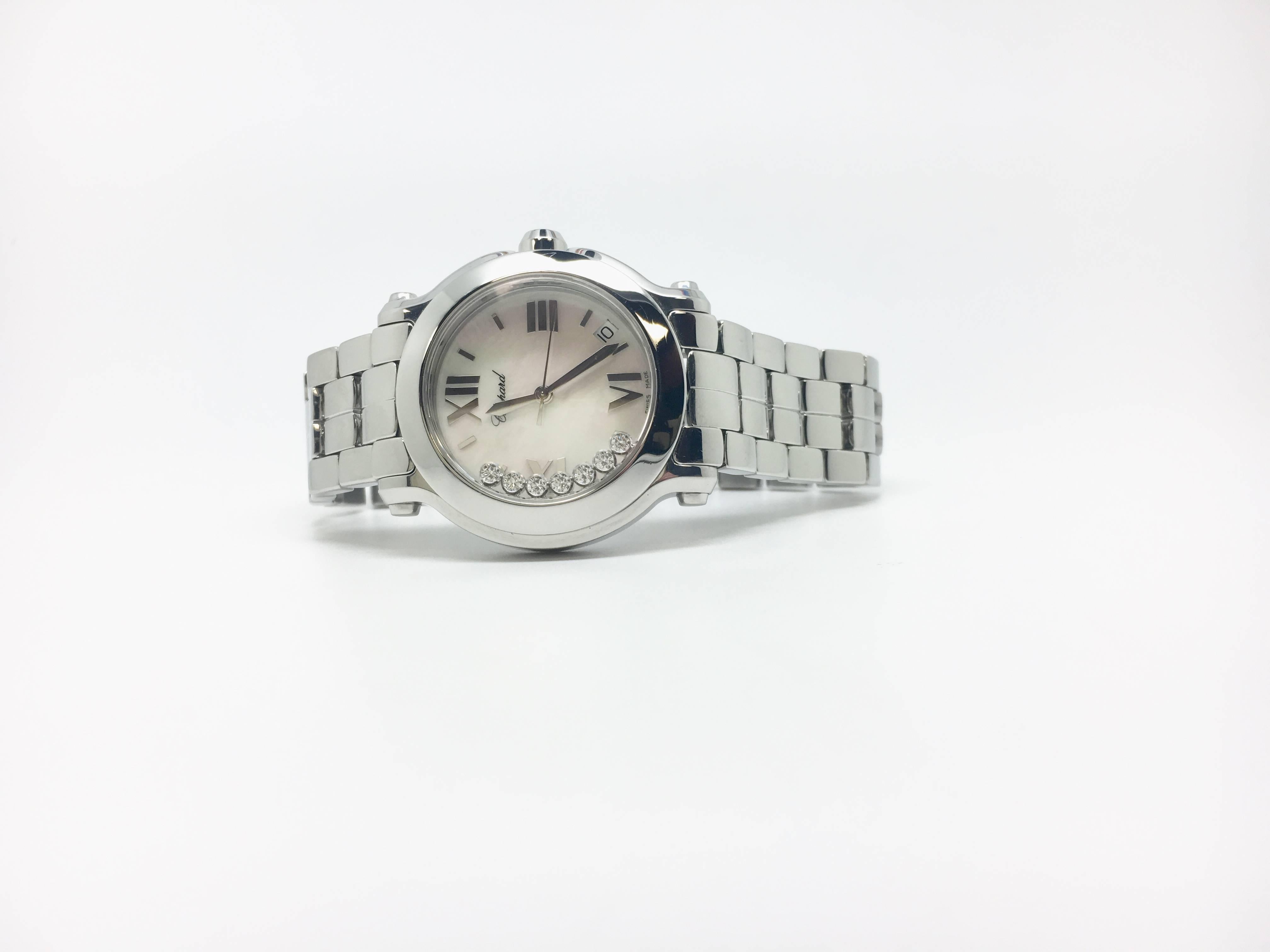 Chopard Happy Sport Floating Diamonds Mother of Pearl Dial 278477-3002, round 36mm watch, round stainless steel case, stainless steel bracelet with hidden folding clasp, white mother of pearl dial with applied silver Roman numerals and seven