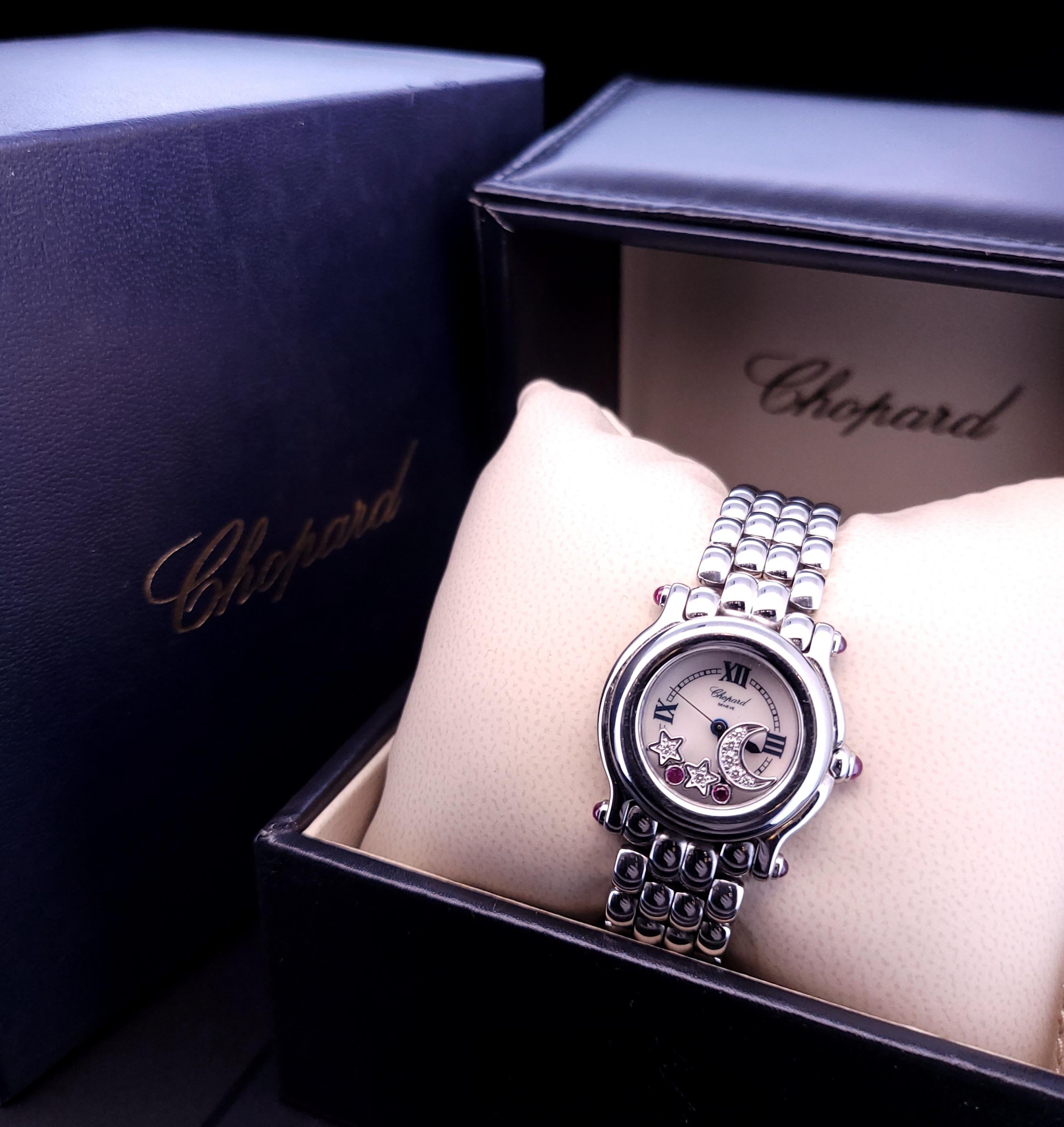 Chopard Happy Sport moon star Diamonds 23mm Stainless Steel Ladies Watch
For more details leave us a message

Model              
Happy Sport
Reference Number
1566646/8245
Gender
Ladies
Metal
Stainless Steel
Case Size
25 mm
Wrist Size
This watch