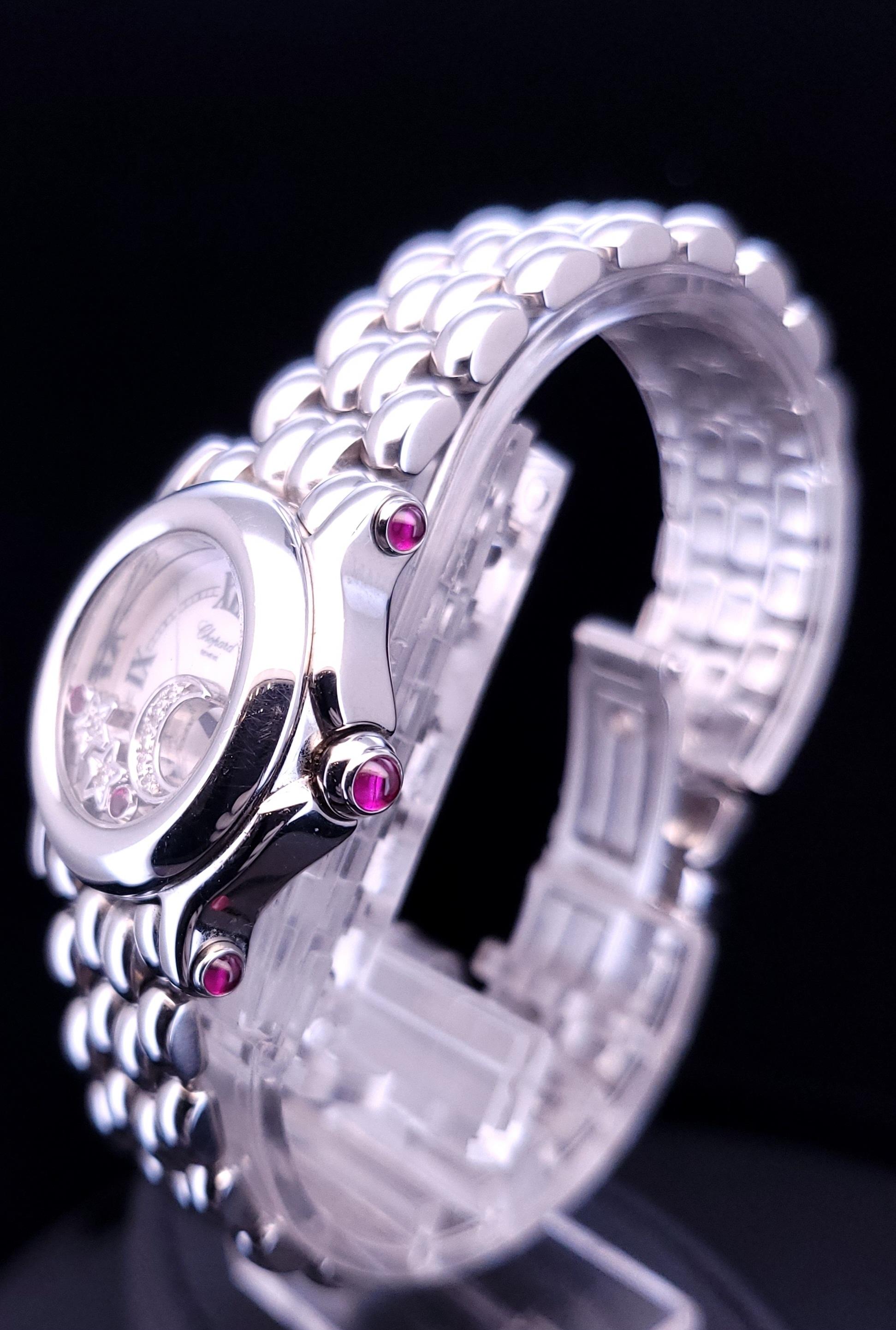 Chopard Happy Sport moon star Diamonds  23mm Stainless Steel Ladies Watch In Excellent Condition In New York, NY