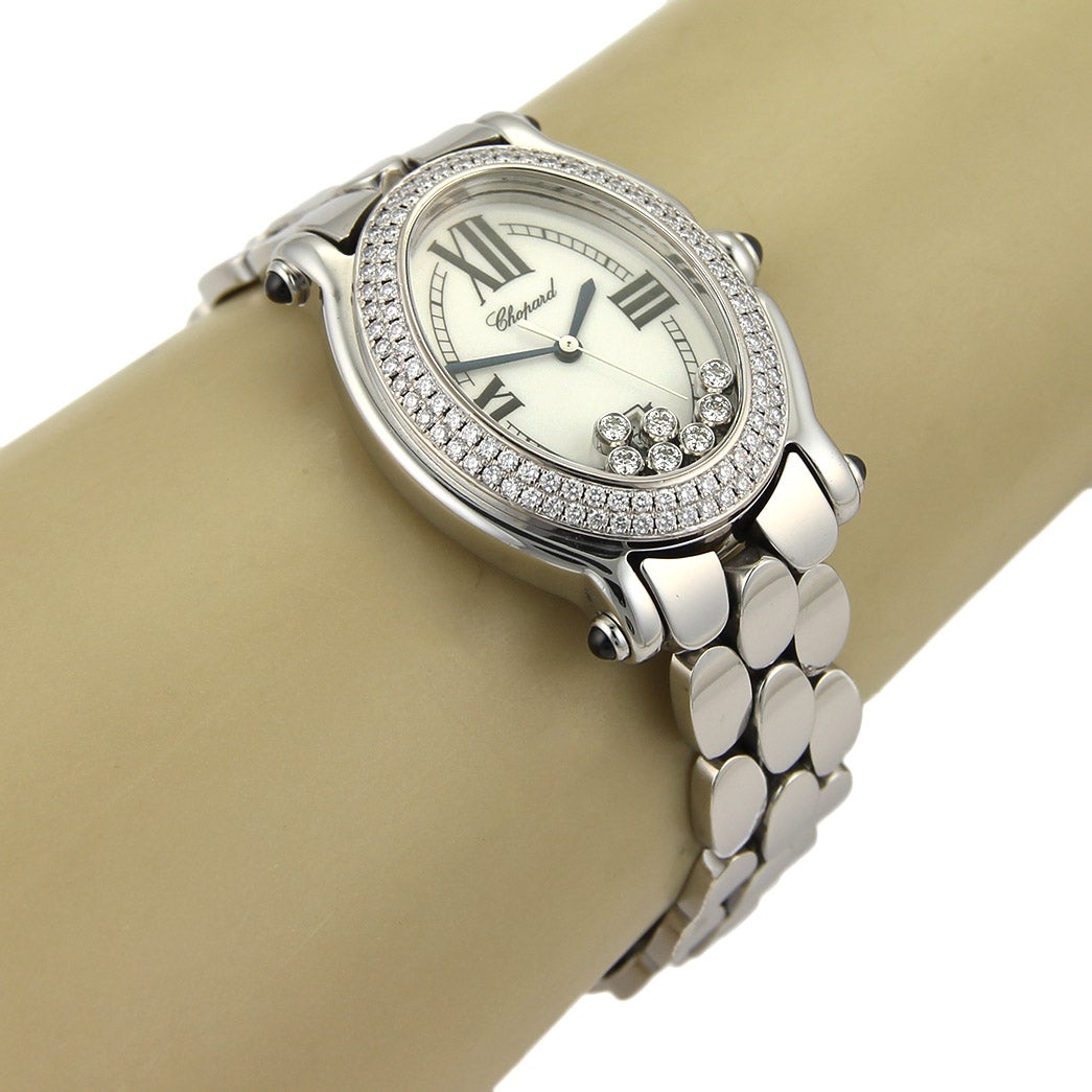 Chopard Happy Sport Oval 7 Floating Diamonds Ladies Stainless Steel Wrist Watch For Sale