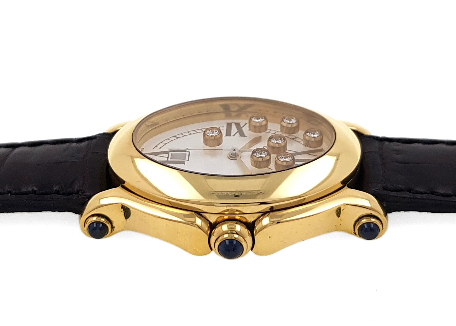 Chopard Happy Sport Oval Date 7000 Jewelry Diamonds Sapphires18k Gold 27/7000-23 In Excellent Condition In Neuilly-sur-Seine, IDF