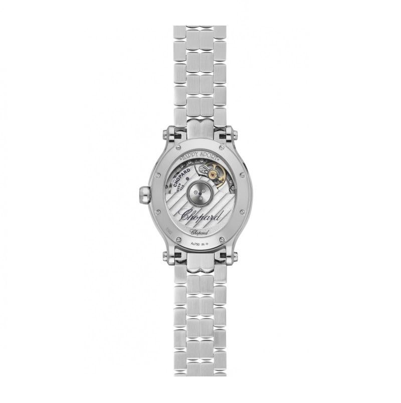 Chopard happy Sport Oval Watch 
Case & Dial
MATERIAL: stainless steel
CROWN MATERIAL: stainless steel
CASE-BACK: see-through sapphire crystal
WATER-RESISTANCE: 30 meters
CASE DIMENSION(S): 31.31 x 29.00 mm
7 DIAMONDS = 0.19 CT MOVING
1 SAPPHIRE =