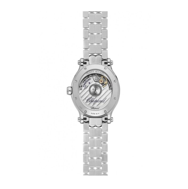 Chopard Happy Sport Oval 
Case & Dial
MATERIAL: stainless steel
CROWN MATERIAL: stainless steel
CASE-BACK: see-through sapphire crystal
WATER-RESISTANCE: 30 meters
CASE DIMENSION(S): 31.31 x 29.00 mm
40 DIAMONDS = 1.23 CT
7 DIAMONDS = 0.19 CT 