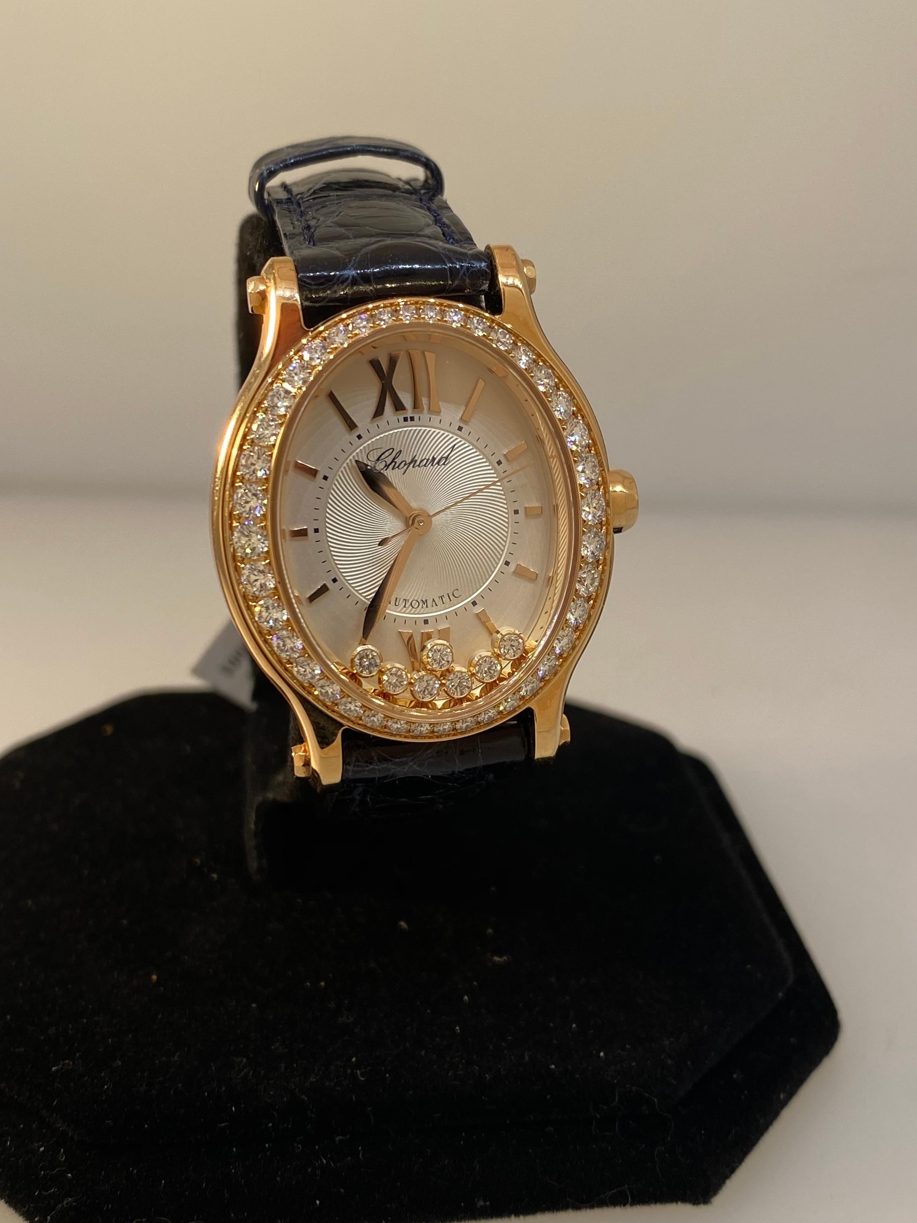 Chopard Happy Sport Oval Rose Gold Diamond Bezel Automatic Ladies Watch 27/5362 In Excellent Condition For Sale In New York, NY
