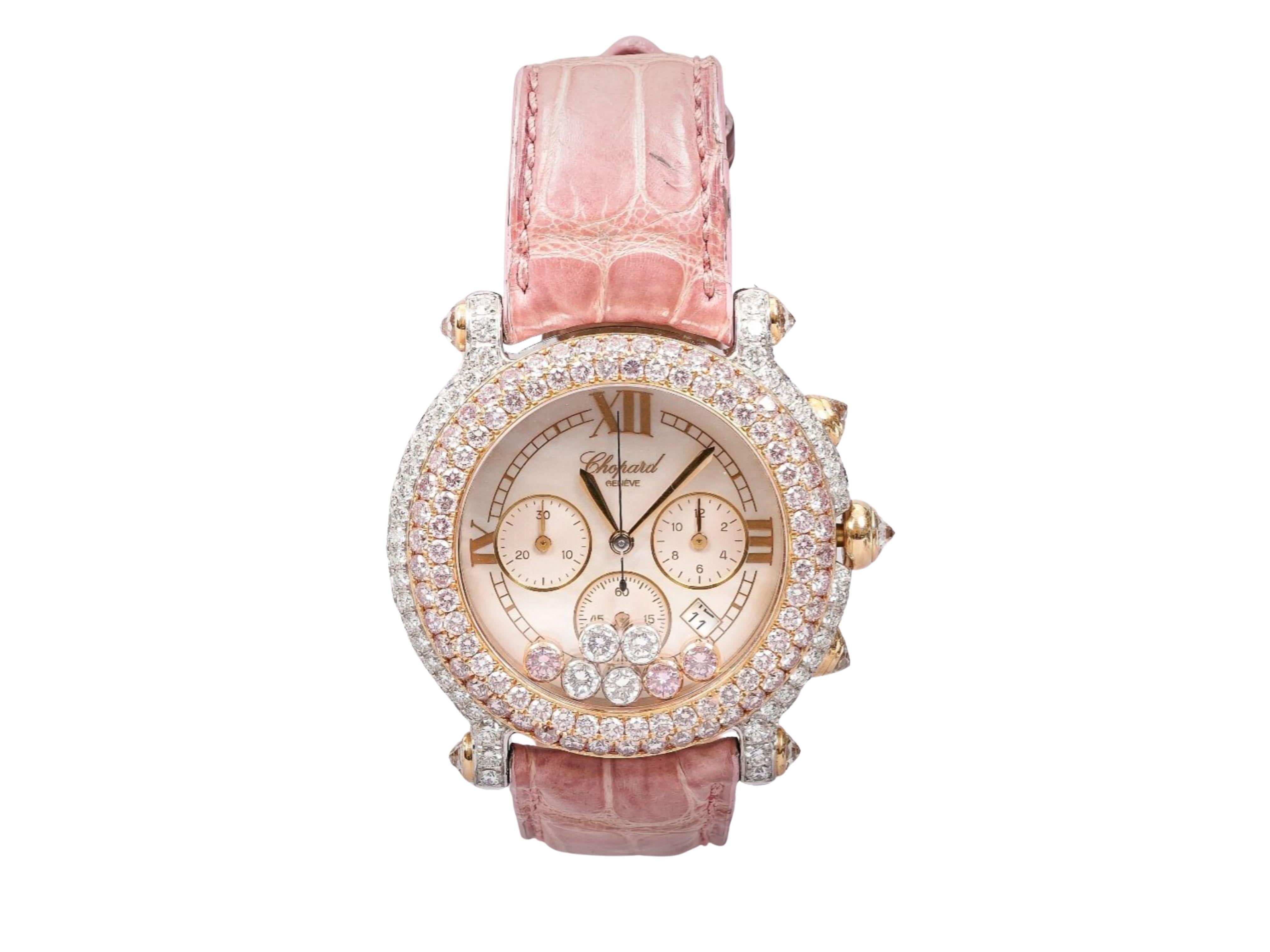 Round Cut Chopard Happy Sport Pink Diamond MOP 40mm Ladies 18K Gold Watch Pouch/Papers For Sale