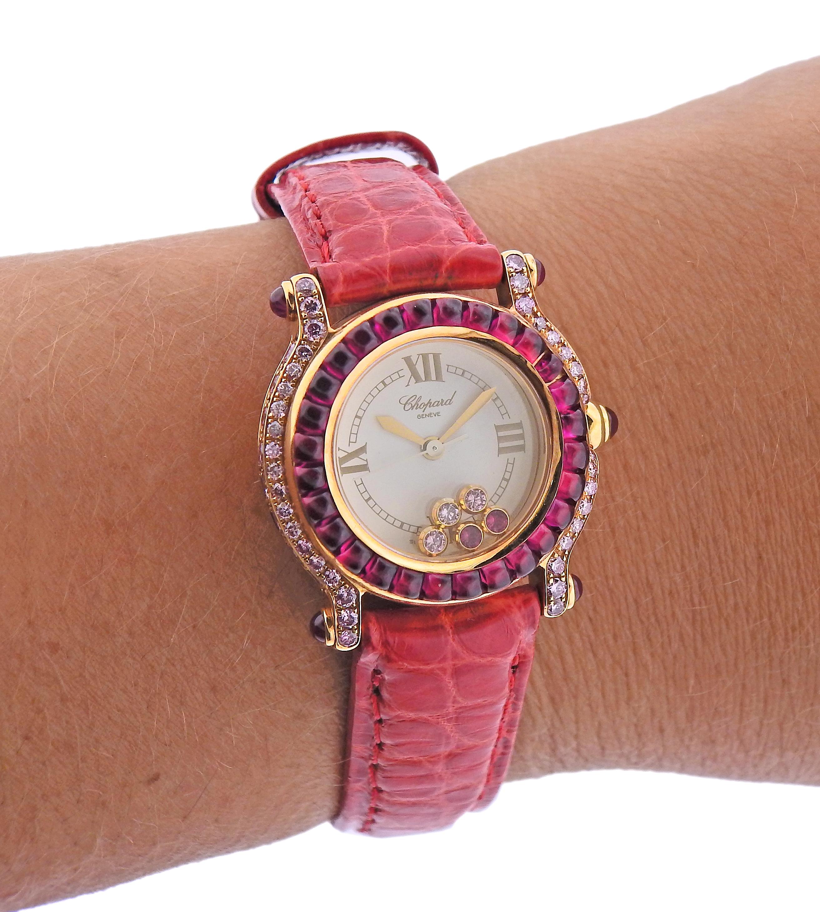 Round Cut Chopard Happy Sport Pink Diamond Ruby Gold Watch For Sale