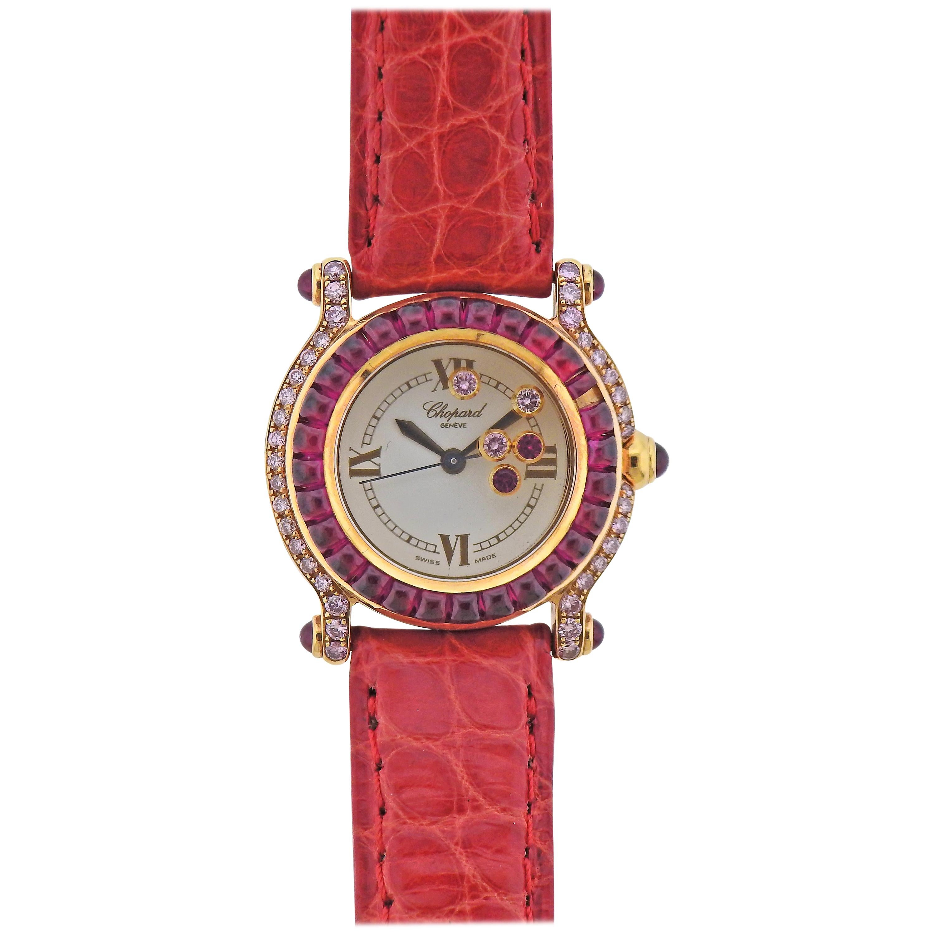 Chopard Happy Sport Pink Diamond Ruby Gold Watch For Sale