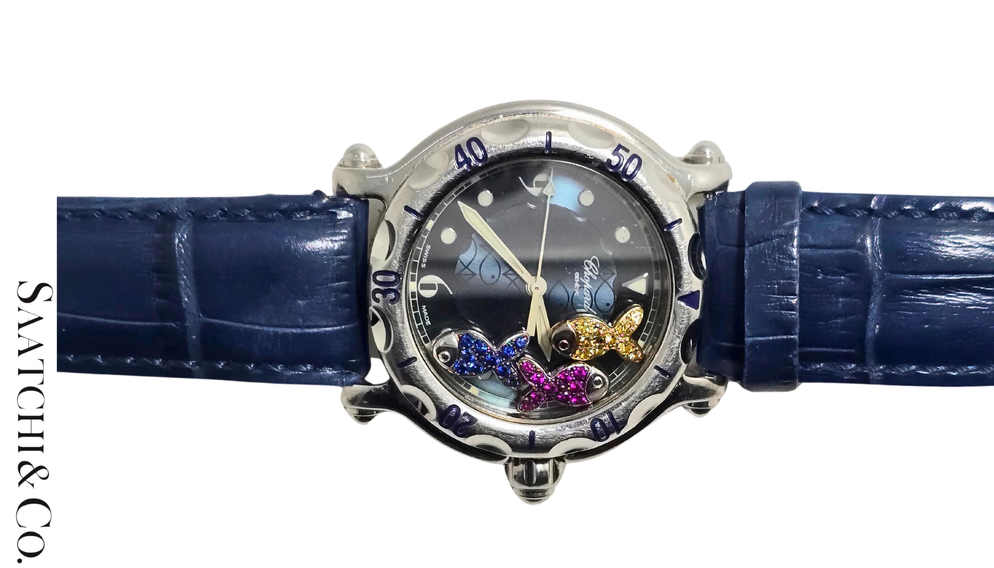 Taglio rotondo Chopard Happy Sport R. 8347 Acciaio, Giallo Rubino Naturale e Zaffiro Blu in vendita
