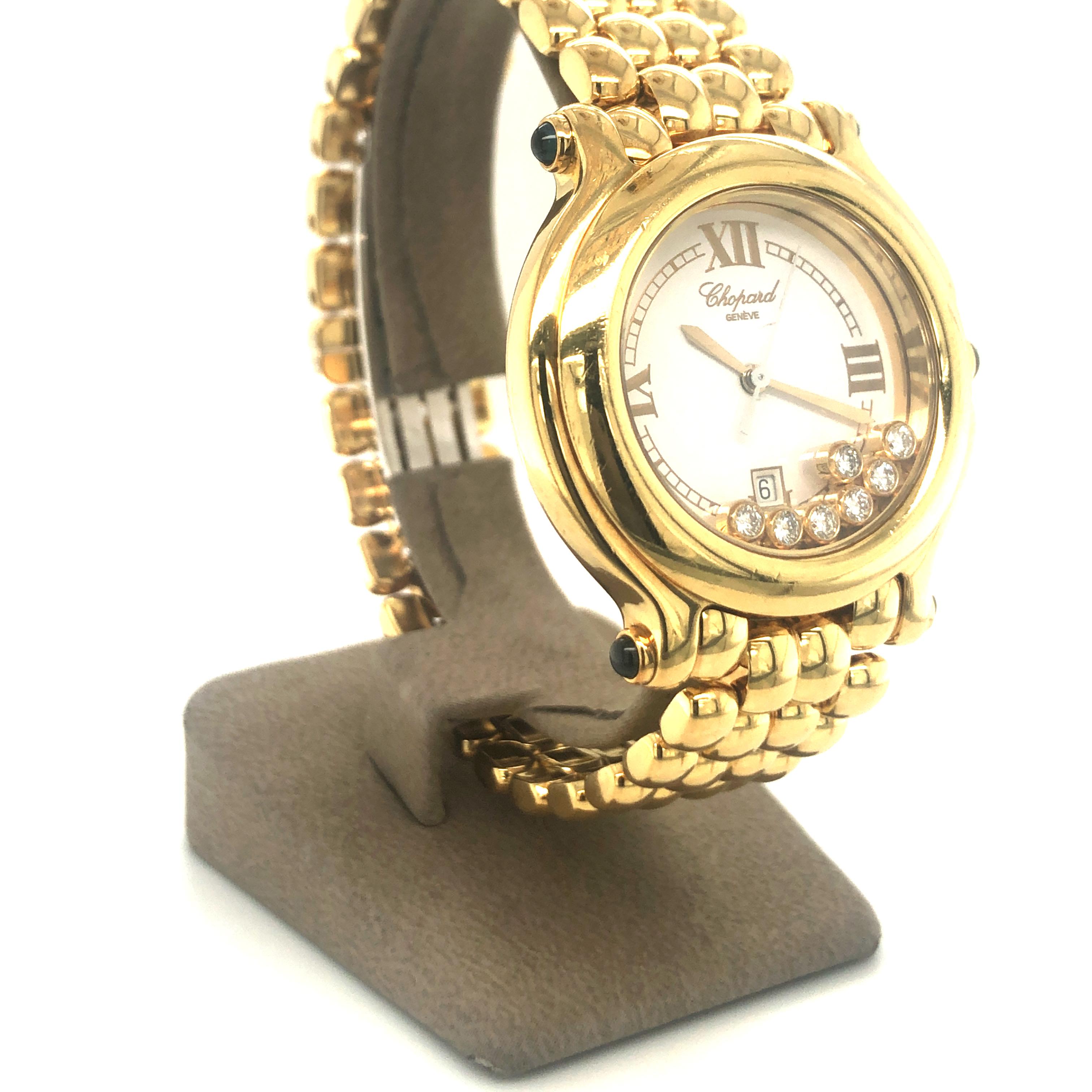 The Happy Sport collection is the emblem of Chopard’s creativity and boldness. Its playful, free spinning gems, dancing between two sapphire crystals, have captured the imagination since 1993.

Fine preowned ladies wristwatch in 18k yellow gold