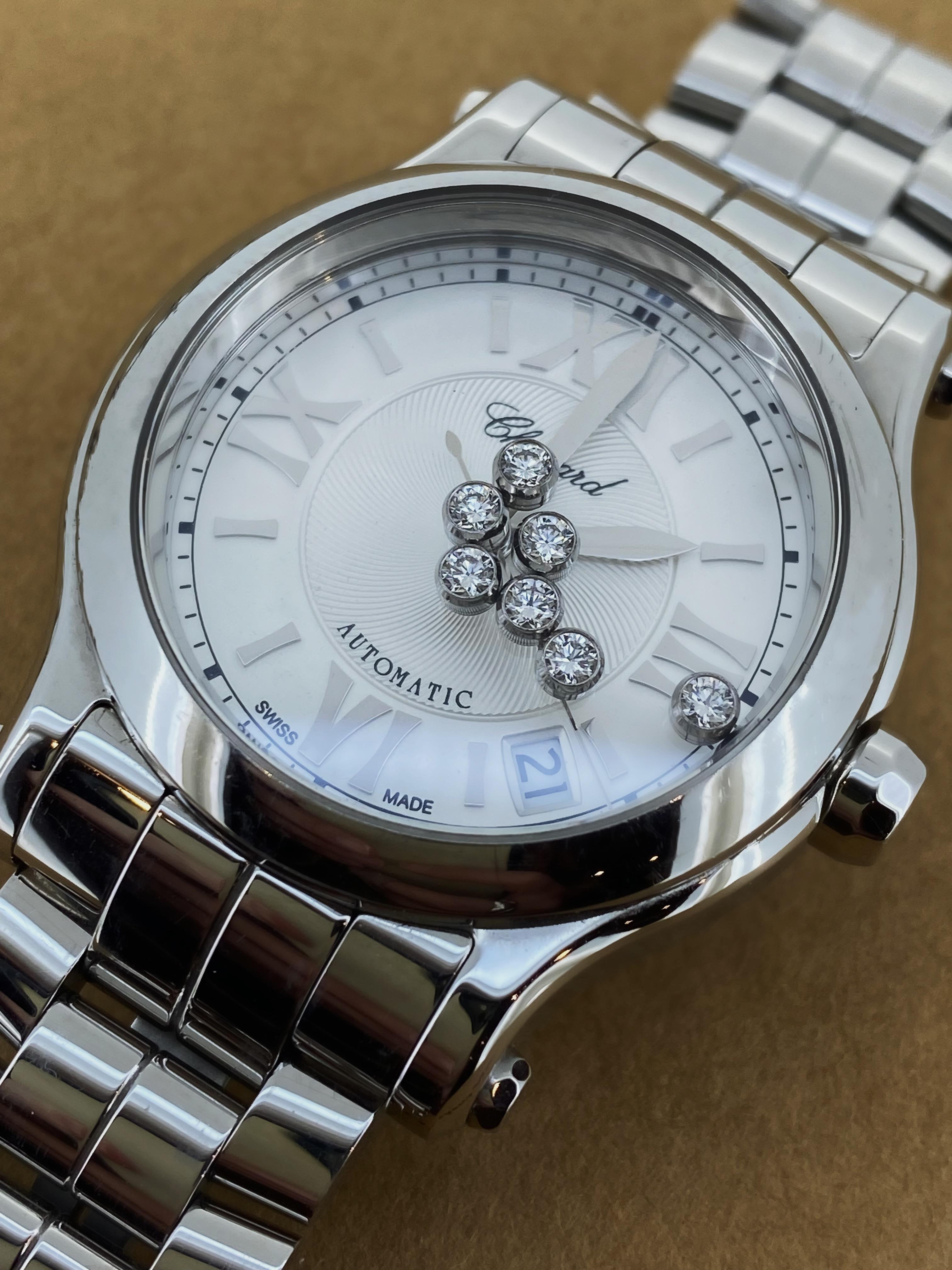 Chopard Happy Sport ref 8559, 7 diamantes bailarines (0,35 ct) Reloj de señora 36mm en Excelente estado para la venta en MELBOURNE, AU