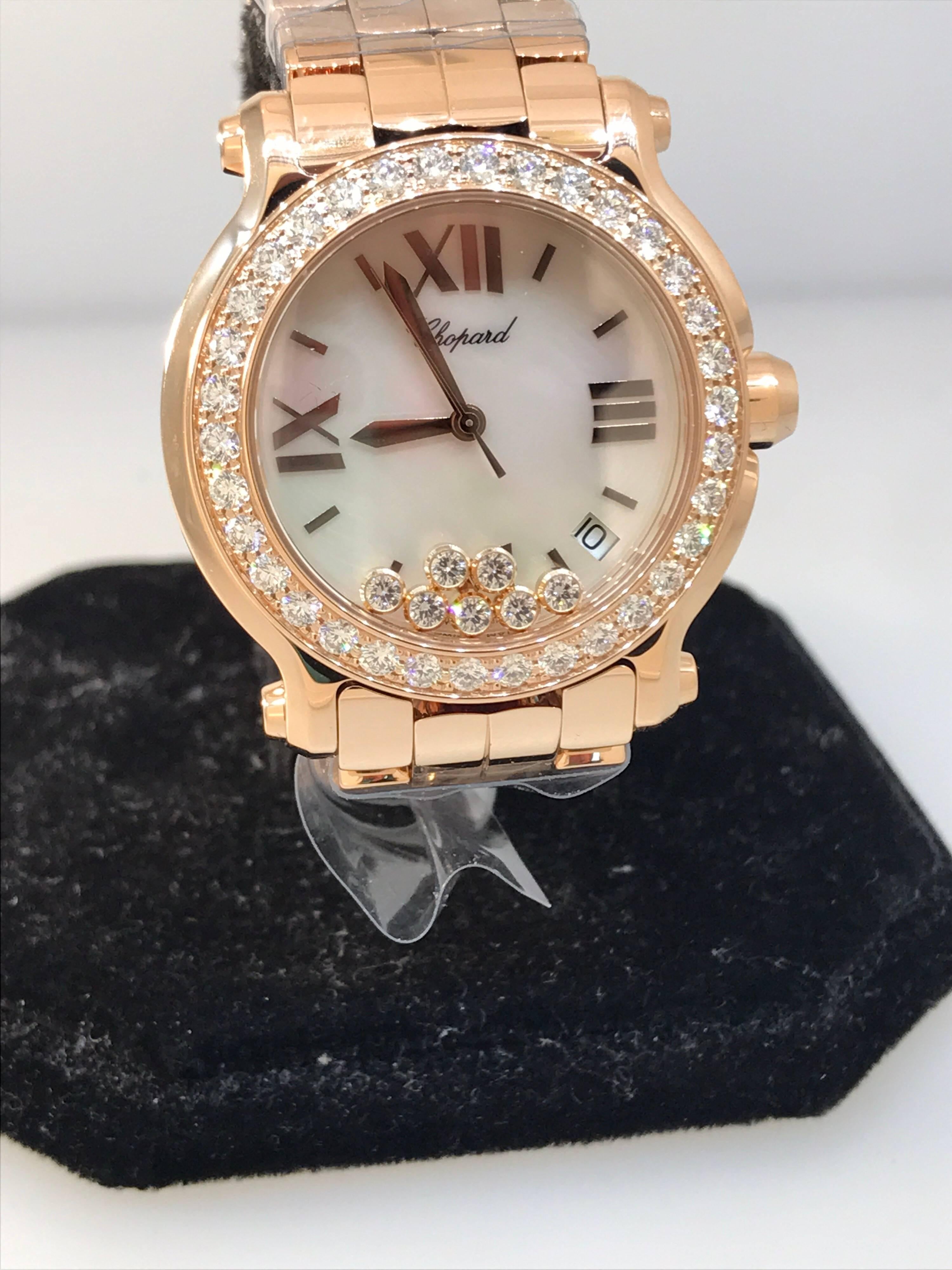 Chopard Happy Sport Rose Gold Diamond Bezel Bracelet Ladies Watch 277481-5002 In New Condition For Sale In New York, NY