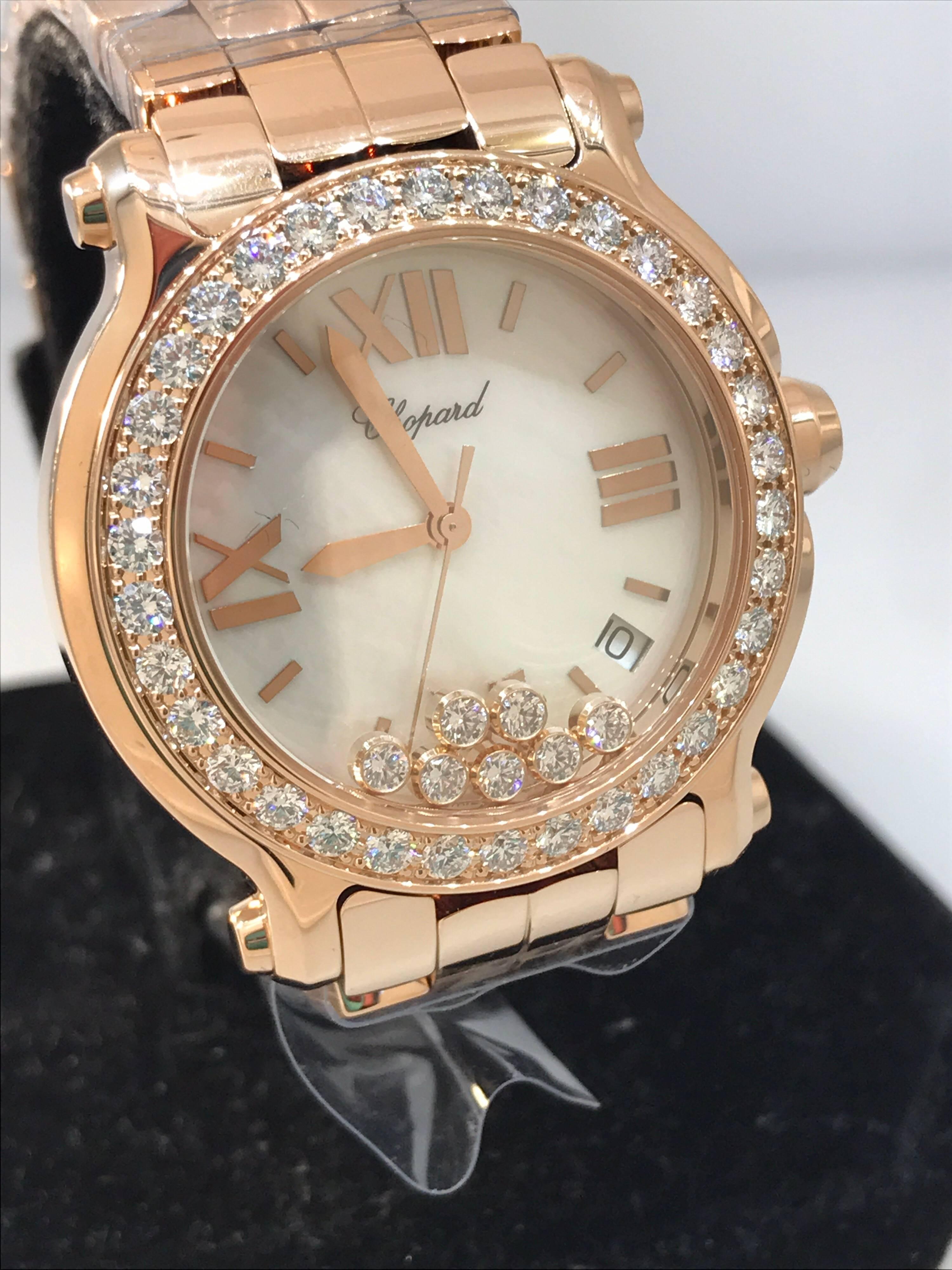 Women's Chopard Happy Sport Rose Gold Diamond Bezel Bracelet Ladies Watch 277481-5002 For Sale