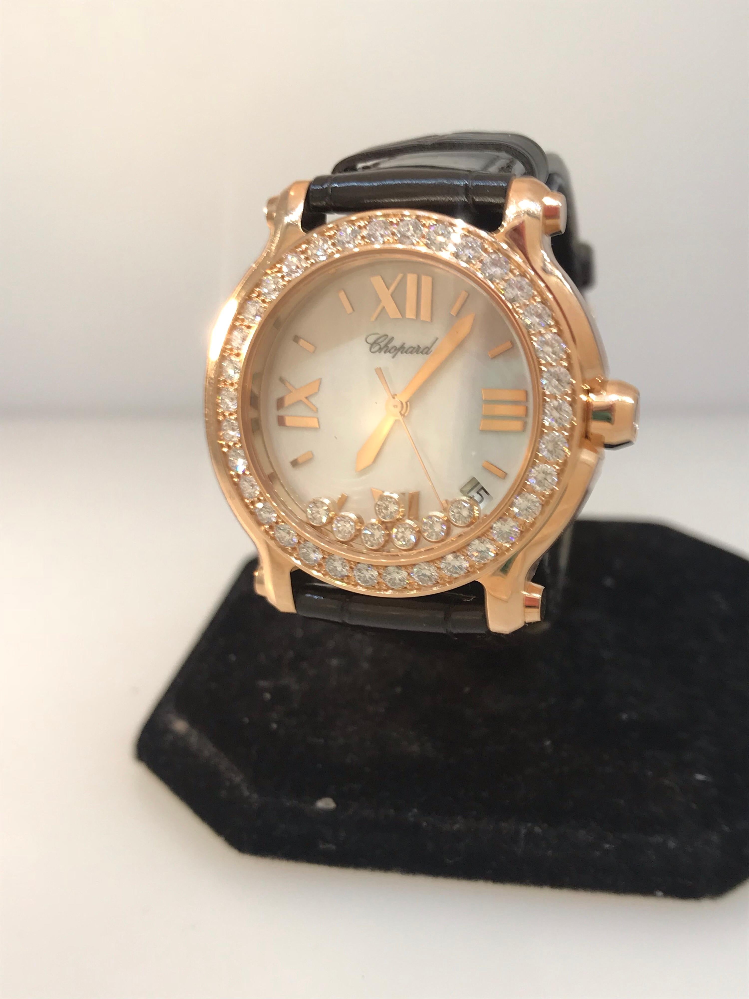 Chopard Happy Sport Ladies Watch

Model Number: 27/7473-5002

100% Authentic

Brand New

Comes with original Chopard box, certificate of authenticity and warranty and instruction manual

18 Karat Rose Gold Case (68.50gr)

Scratch Resistant Sapphire
