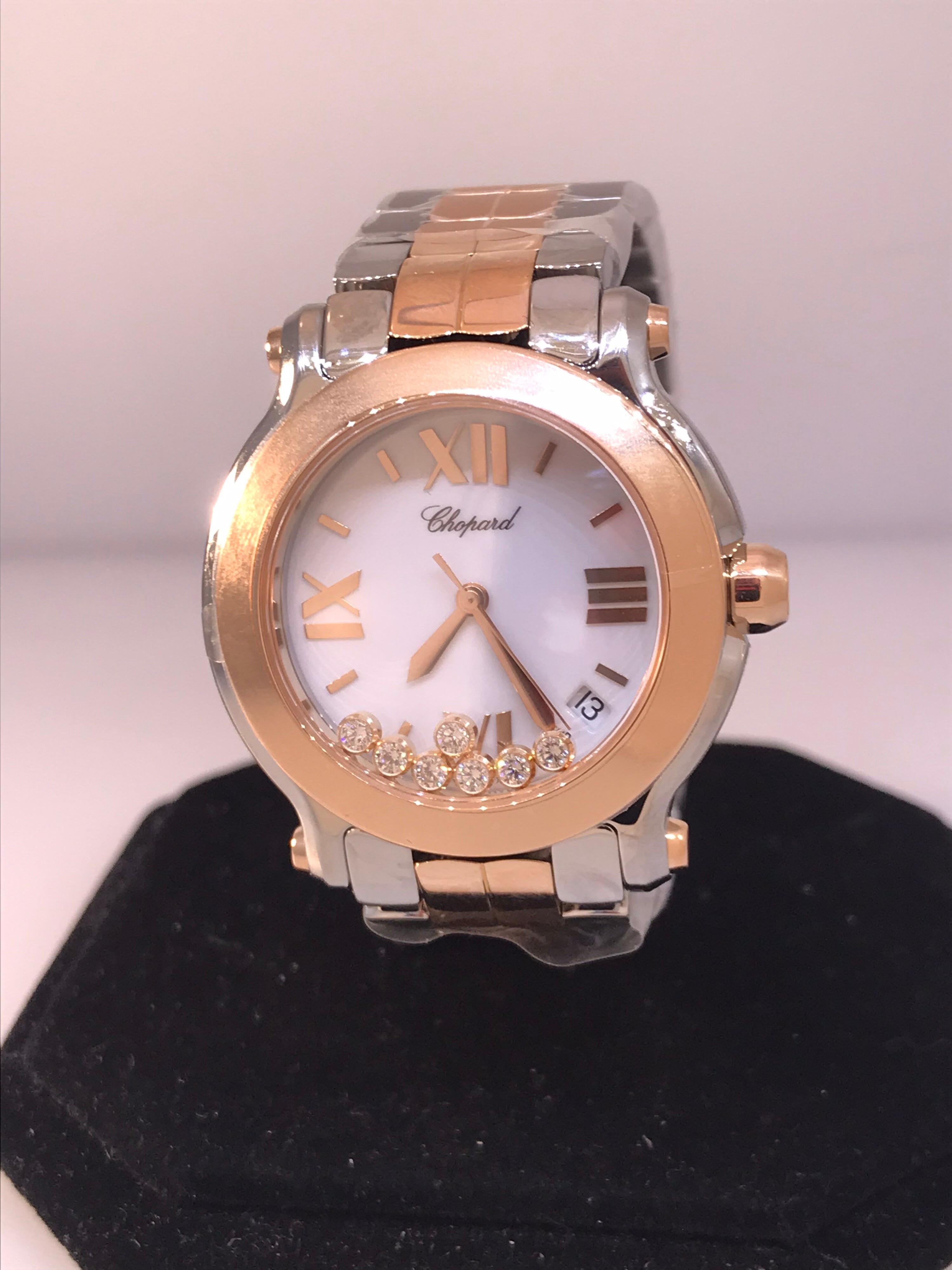 Chopard Happy Sport Round Two-Tone Diamond Ladies Watch 27/8488-9001 In New Condition In New York, NY