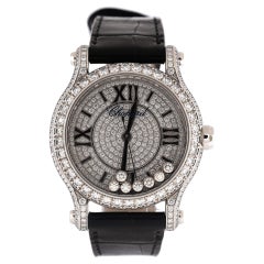 Chopard Happy Sport Orologio automatico rotondo in oro bianco e alligatore con diamanti