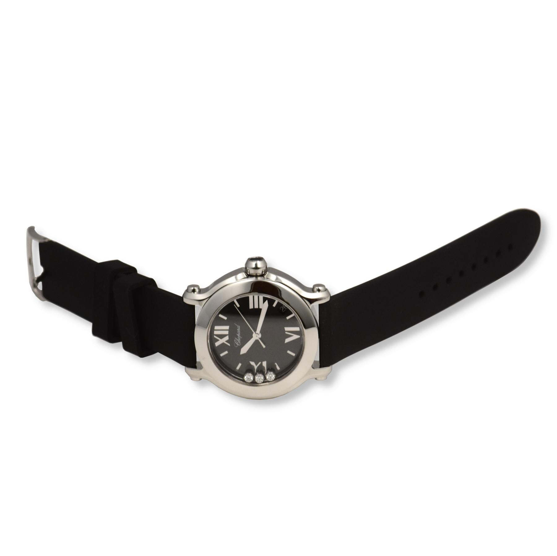 Brand: Chopard
Model Name:  Happy Sport 
Movement: Automatic
Case Size: 34 mm
Case Back: Solid 
Case Material: Stainless Steel
Bezel: Stainless Steel 
Dial:Black; 3 Floating Diamonds 
Bracelet:  Rubber (Aftermarket)
Hour Markers:  Roman Numerals