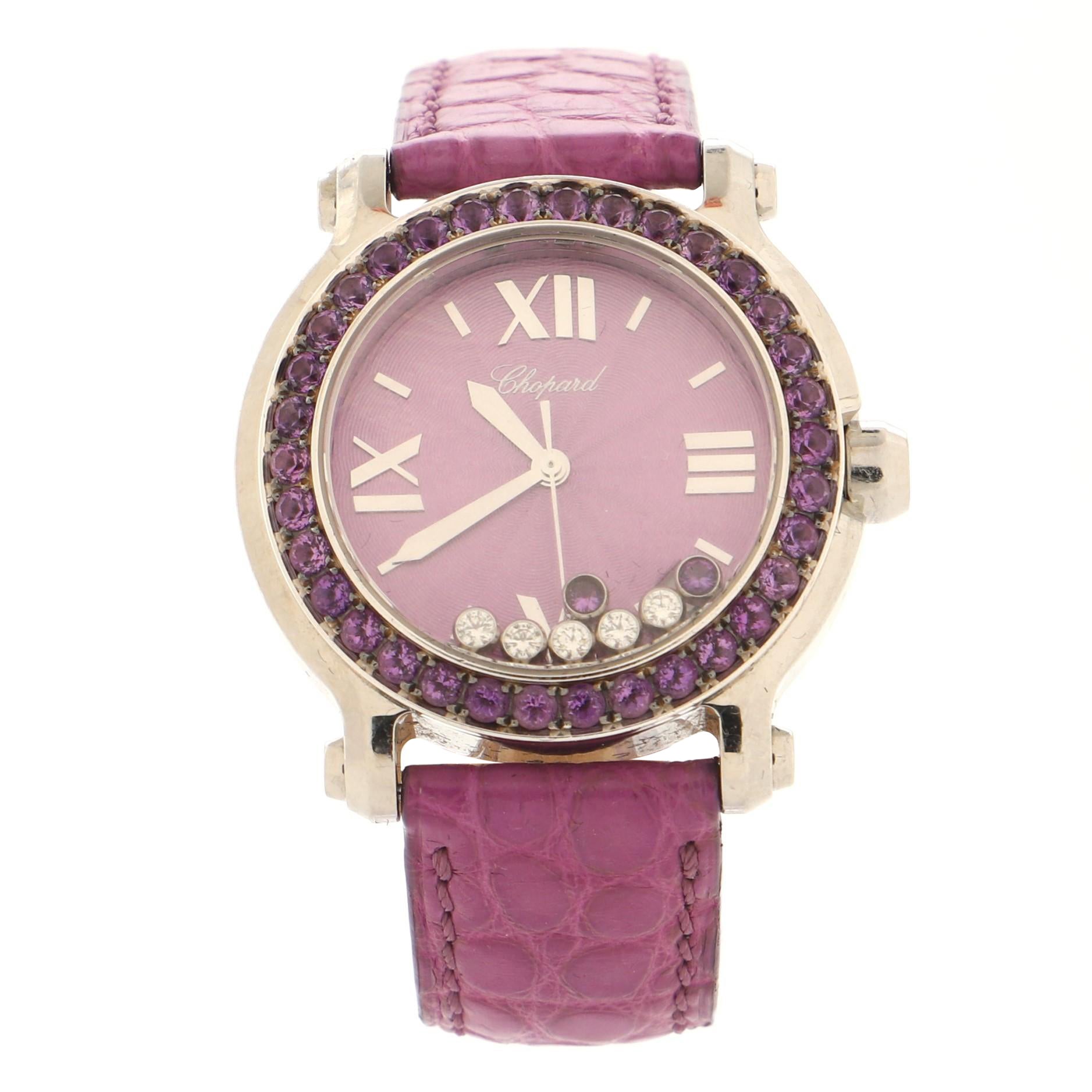 Runde Quarzuhr von Chopard Happy Sport aus Edelstahl und Alligatorleder mit