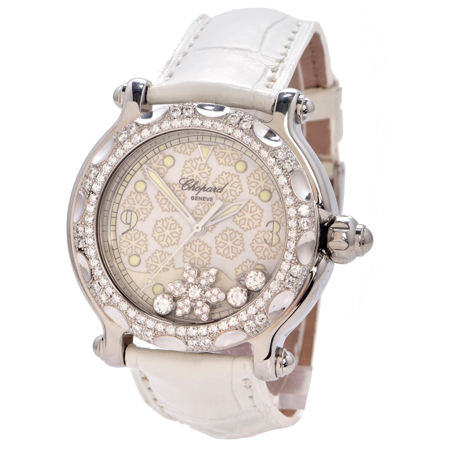 Chopard Happy Sport Diamond snowflake 18K Gold 38 mm Ladies Wristwatch.

Expertly crafted in Steel with an approx total weight of 70.7 grams.

Featuring Dazzling Genuine round Diamonds weighing approximately 2.25 carat  ( F-G color and