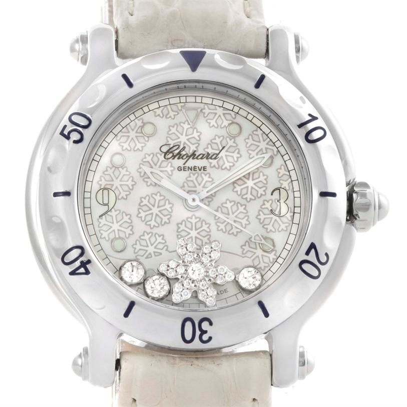 Chopard Happy Sport Snowflake Floating Diamond Watch 278949-3001. Quartz movement. Stainless steel round case 32.0 mm in diameter. Case thickness: 9 mm. Scratch resistant sapphire crystal. White dial 3 trademark diamonds (.17 carats) floating