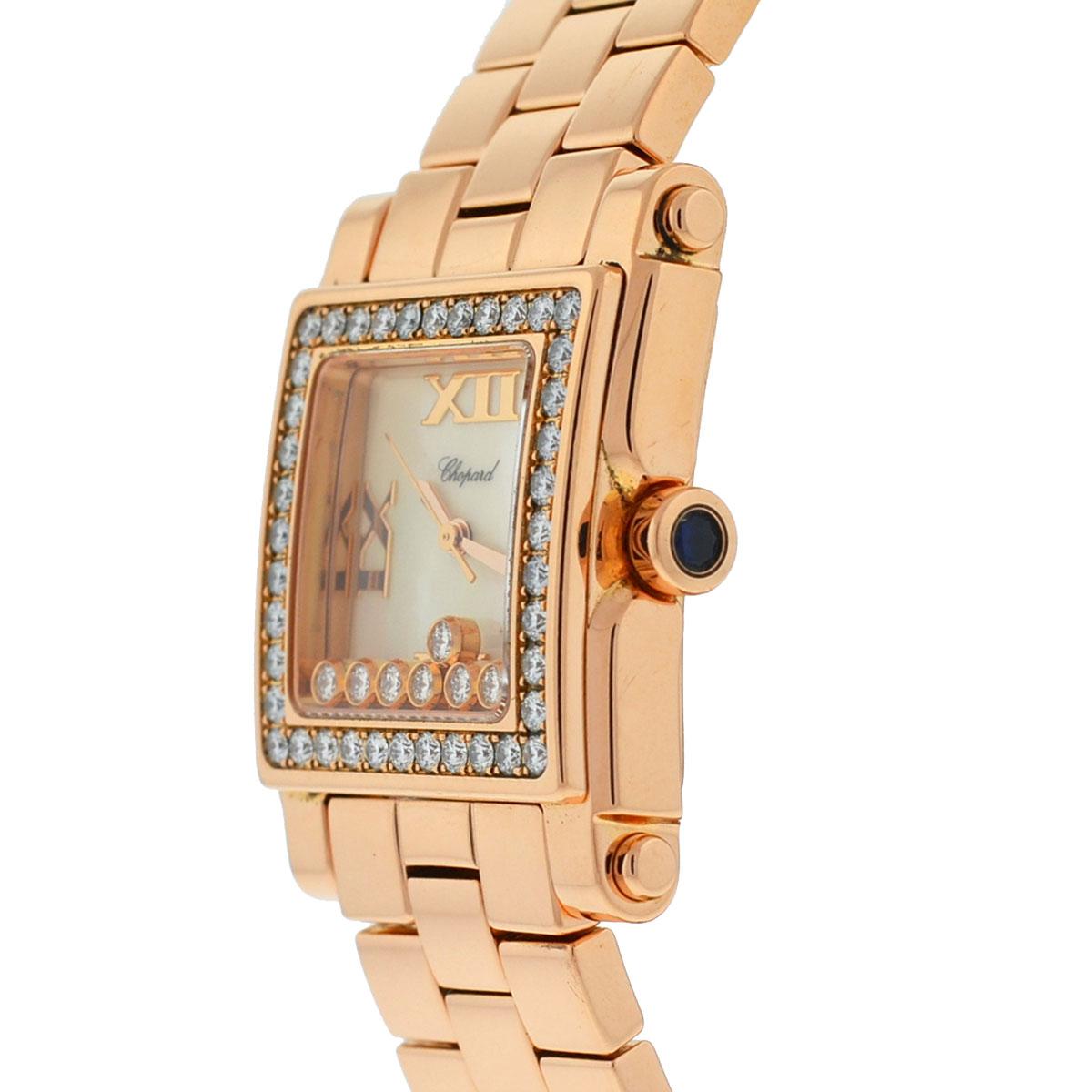 Company-Chopard
Style-Luxury Watch
Model-Happy Sport
Reference Number-275322-1376027
Case Metal-18k Rose Gold
Case Measurement-24mm x 30mm
Bracelet-18k Rose Gold
Dial-MOP Dial with 7 Floating Diamonds
Bezel-18k Rose Gold 
Crystal-Scratch Resistant