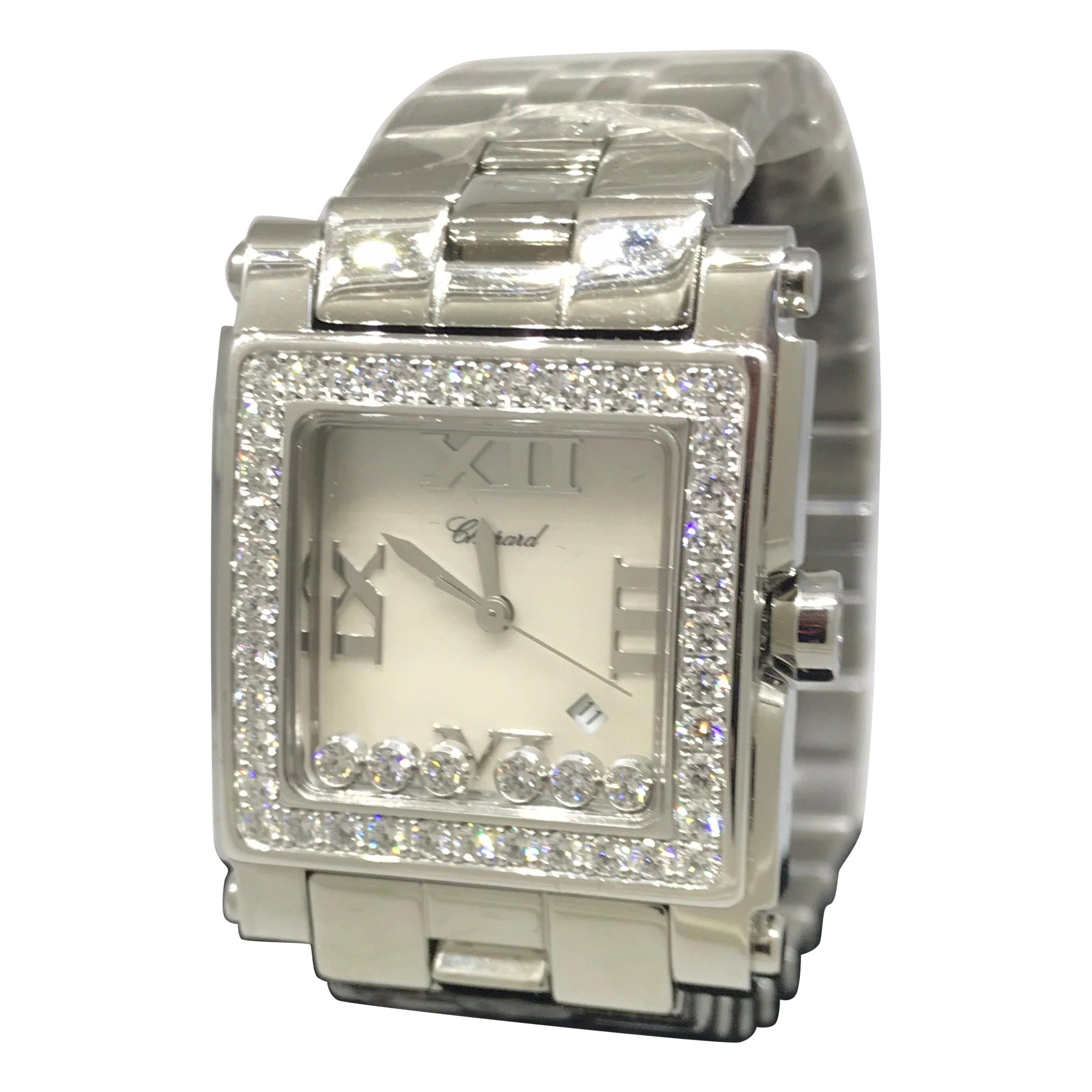 Chopard Happy Sport Square Diamond Bezel Stainless Ladies Watch 27/8505-2001 New For Sale