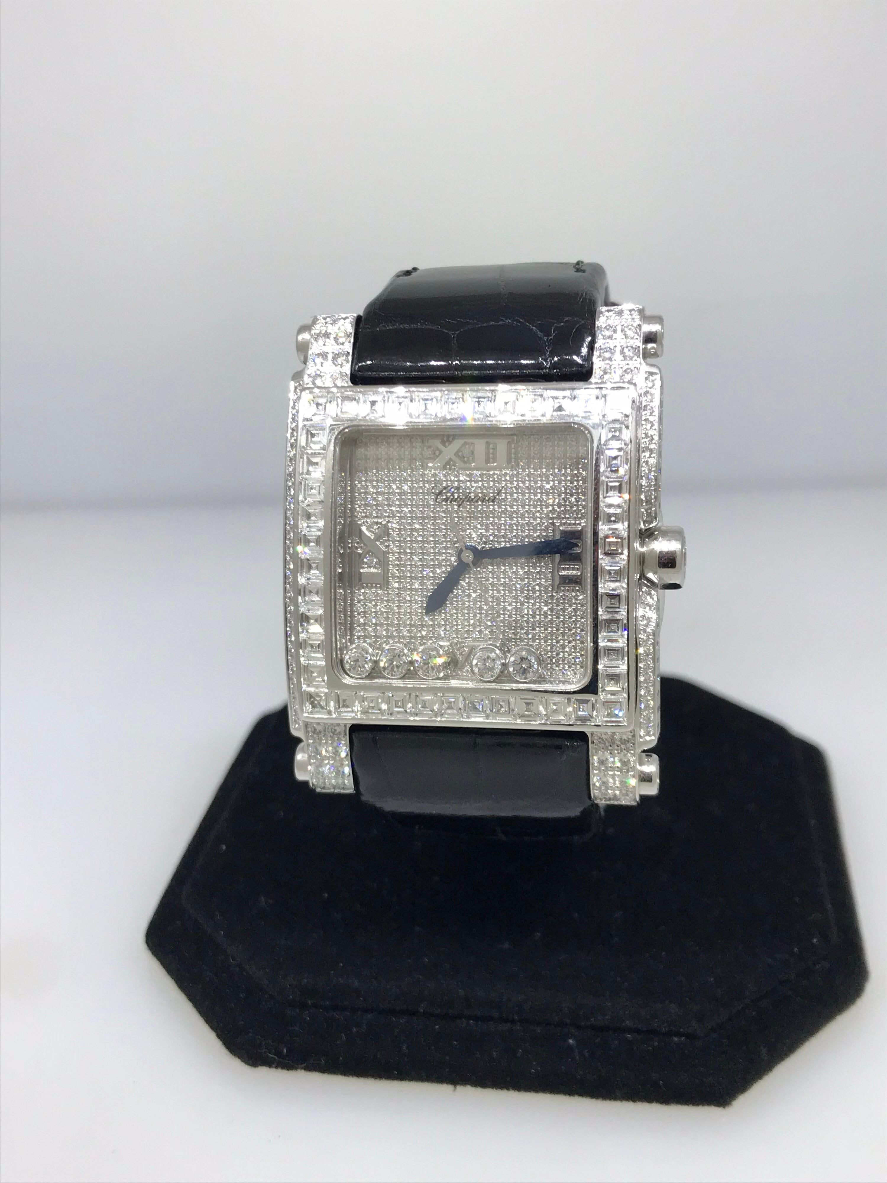 Women's or Men's Chopard Happy Sport Square White Gold Pave Diamond Watch 28/3577 Brand New For Sale