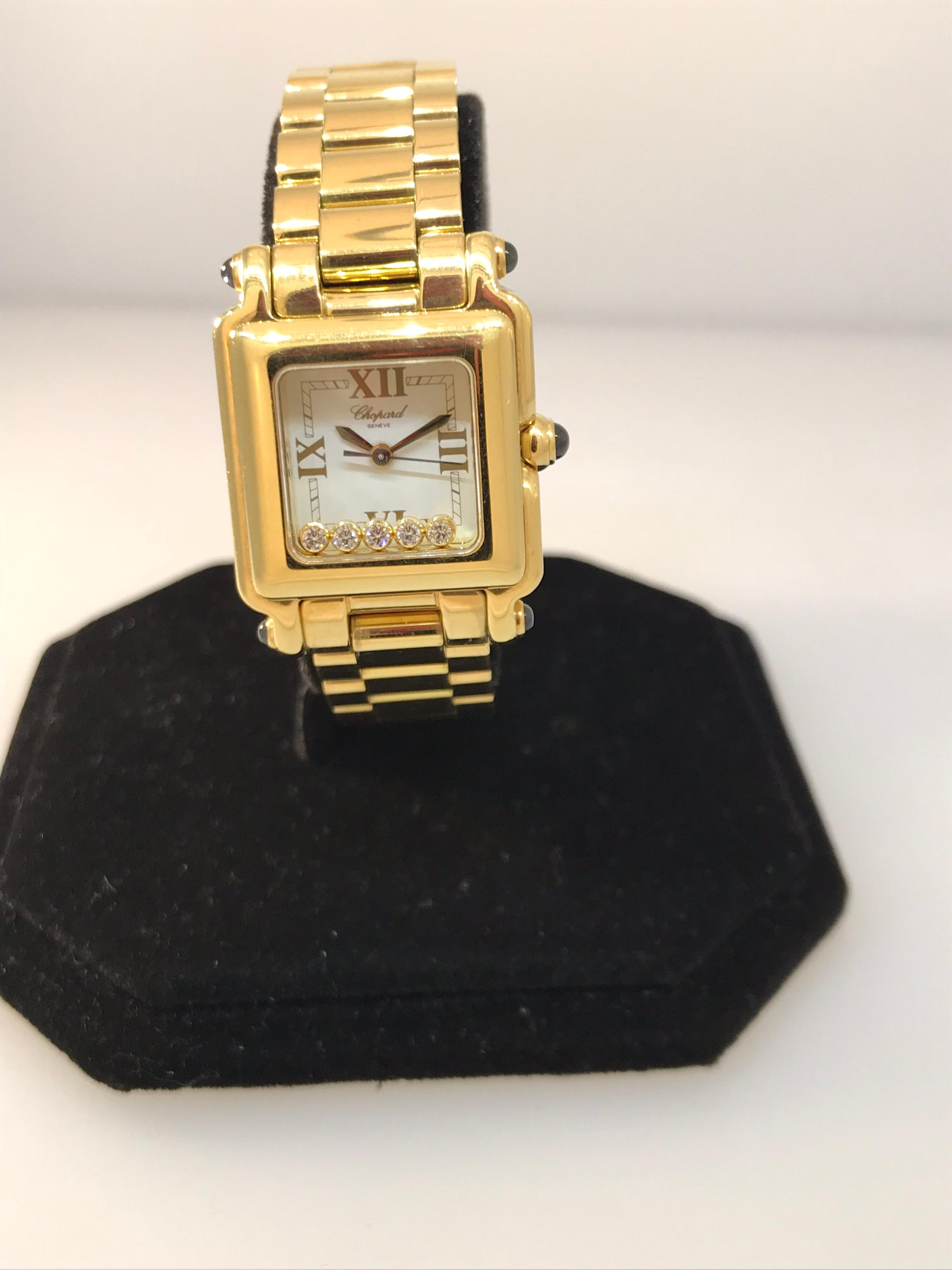 Chopard Happy Sport Square Yellow Gold White Dial Bracelet Ladies Watch 27/6581 In Excellent Condition For Sale In New York, NY