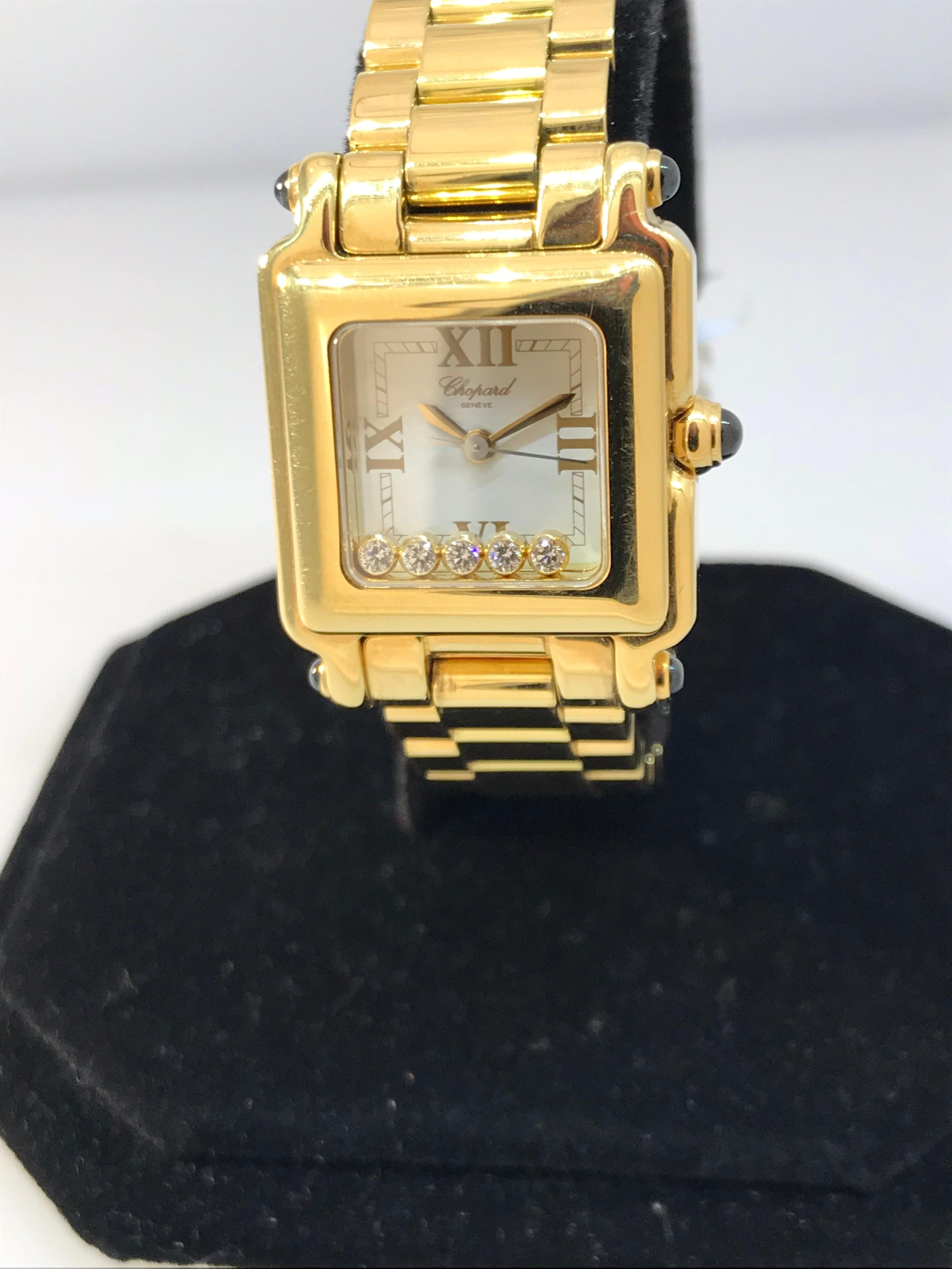 Women's Chopard Happy Sport Square Yellow Gold White Dial Bracelet Ladies Watch 27/6581 For Sale