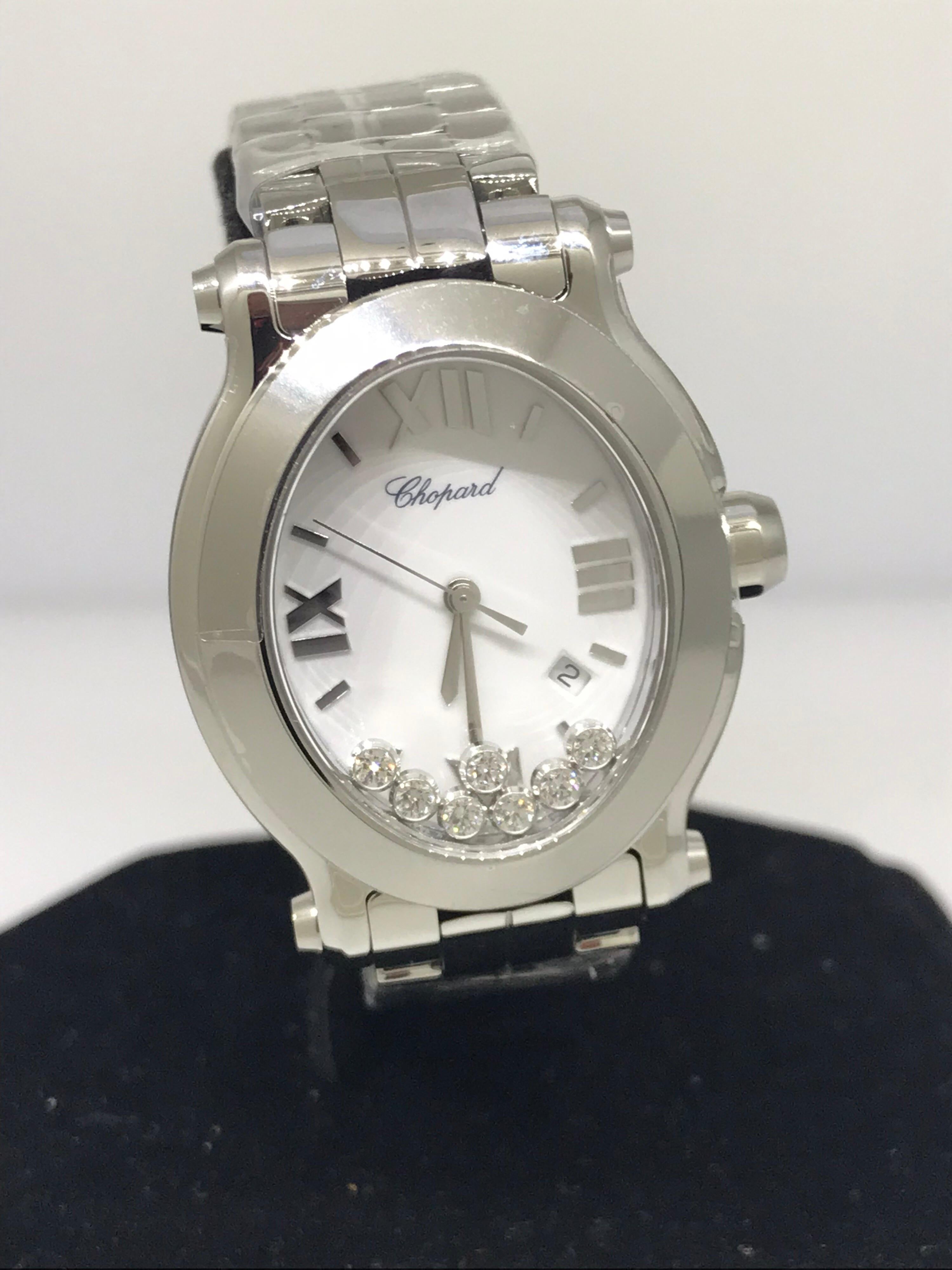 Chopard Happy Sport Ladies Watch

Model Number: 27/8546-3003

100% Authentic

Brand New

Comes with original Chopard Box, Certificate of Authenticity and Warranty, and Jewels Manual

Stainless Steel Case & Bracelet

White Dial

7 Floating Diamonds