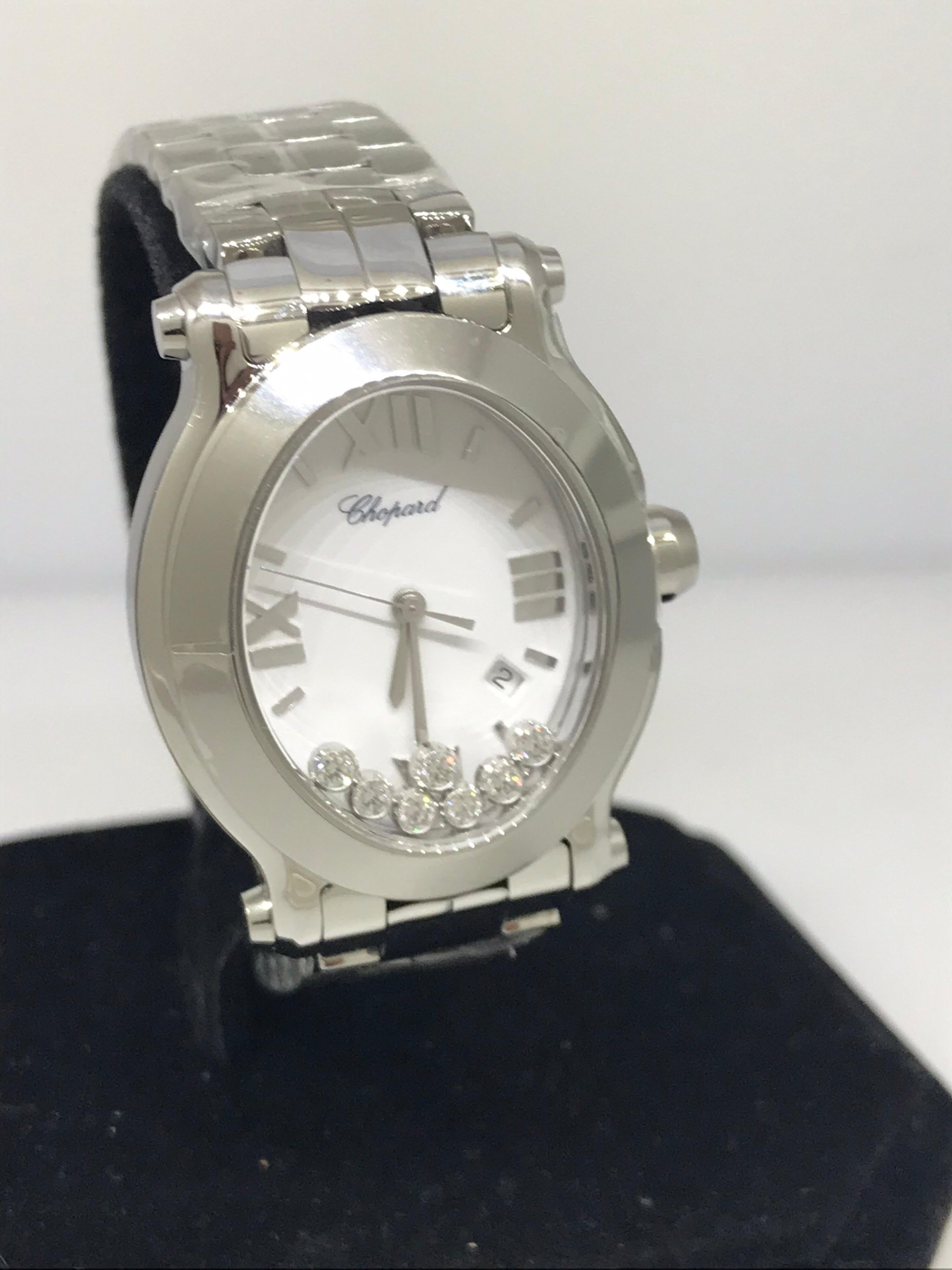 Chopard Happy Sport Stainless Steel Diamond White Dial Ladies Watch 27/8546-3003 In New Condition For Sale In New York, NY