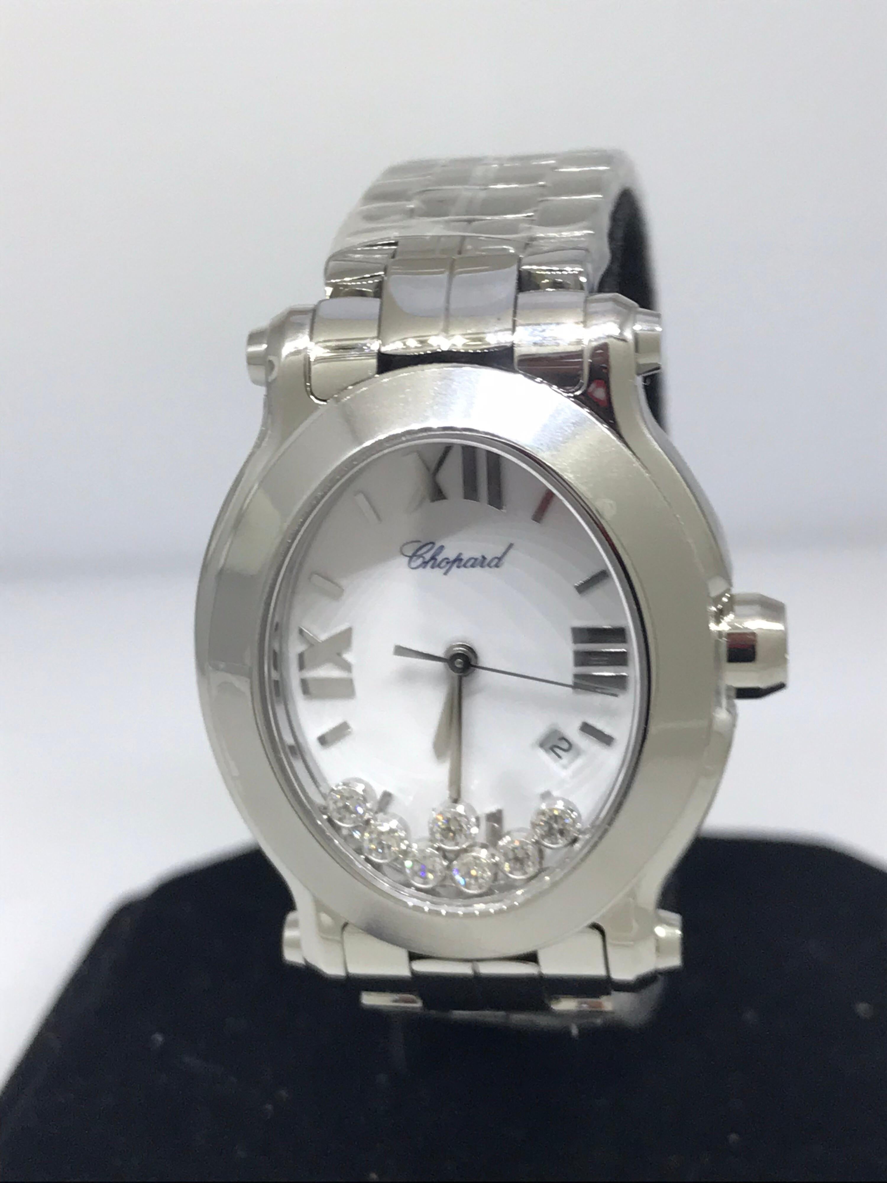 Women's Chopard Happy Sport Stainless Steel Diamond White Dial Ladies Watch 27/8546-3003 For Sale