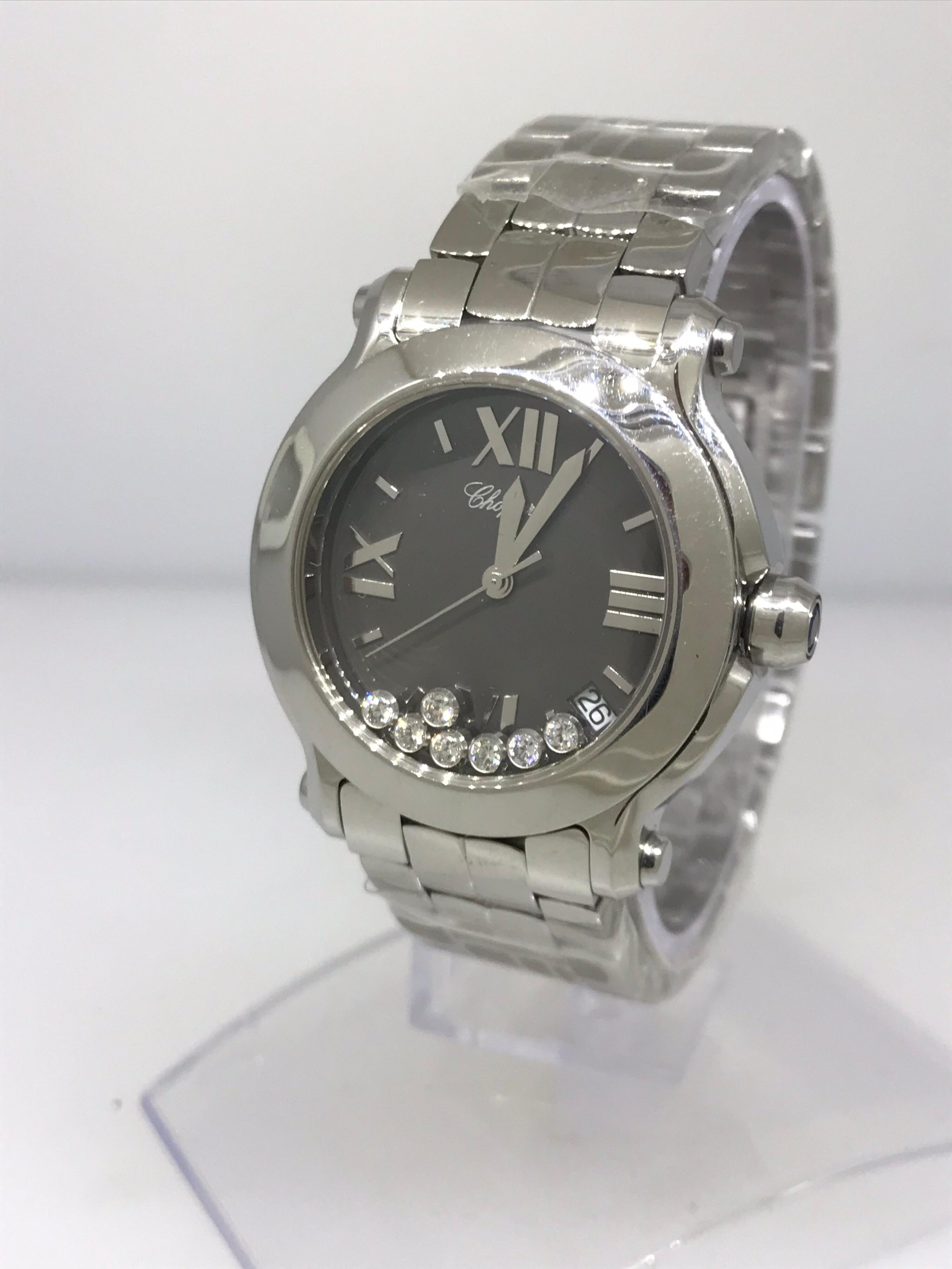 Chopard Happy Sport Ladies Watch

Model Number: 27/8477-3004

100% Authentic

Brand New

Comes with original Chopard Box and Instruction Manual

Stainless Steel Case & Bracelet

Gray Dial

7 Floating Diamonds

Roman Numeral and Index Hour