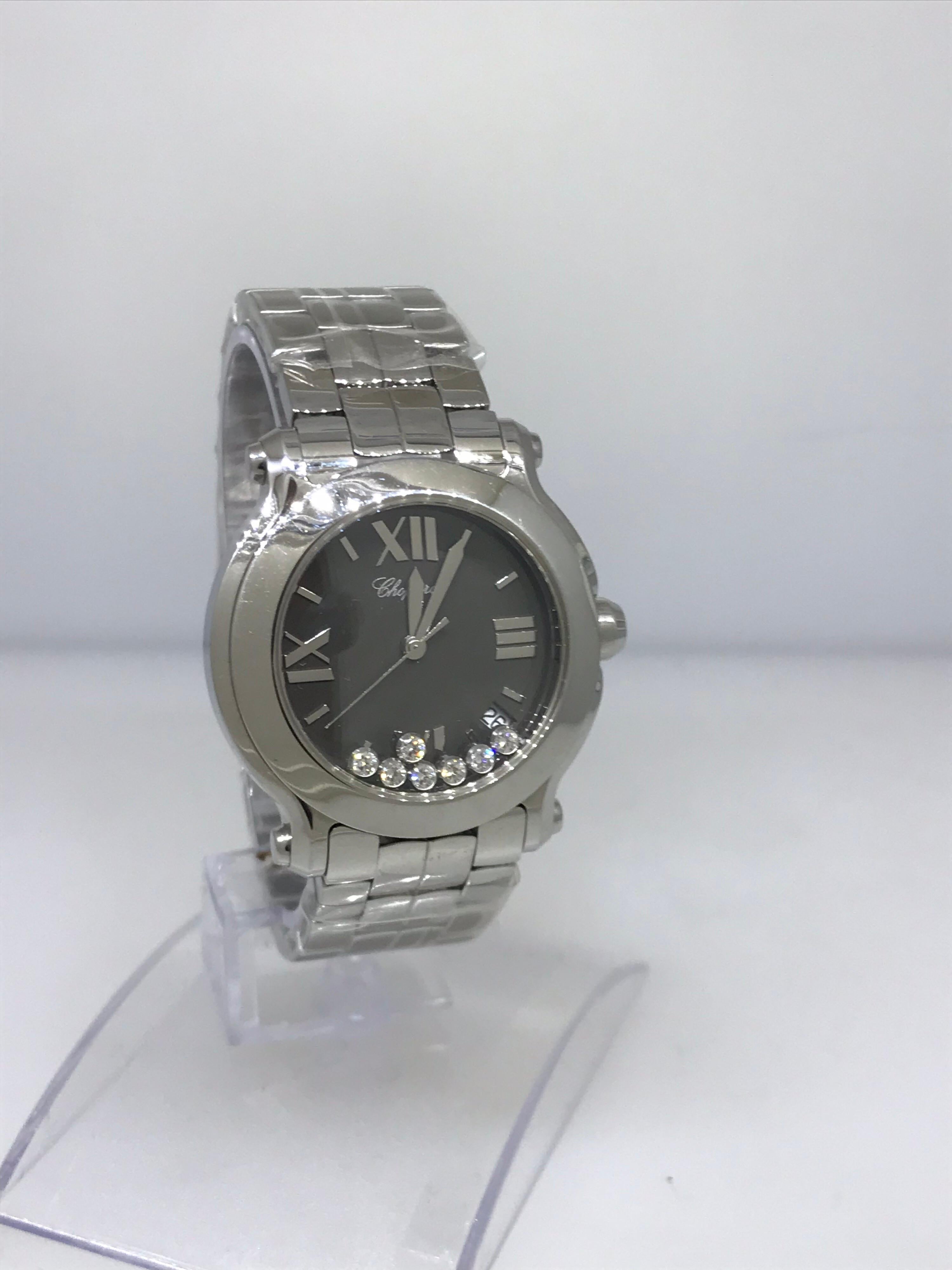 Chopard Happy Sport Stainless Steel Gray Dial Diamond Ladies Watch 27/8477 New In Excellent Condition For Sale In New York, NY