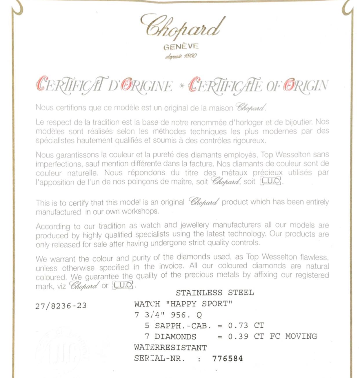 Round Cut Chopard Happy Sport Stainless Steel Watch with Diamonds For Sale