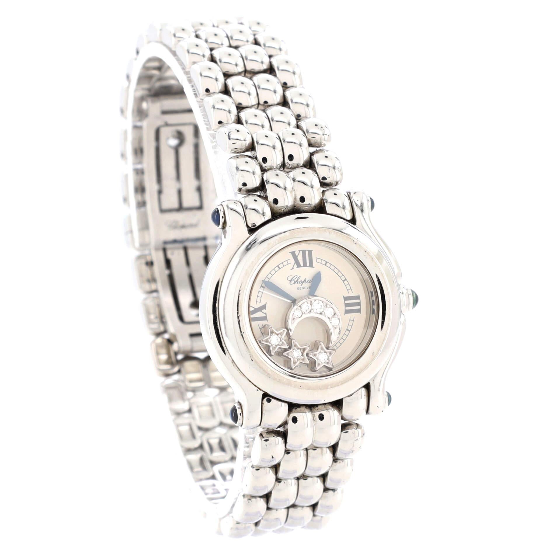 Chopard Happy Sport Star & Moon Round Quartz Watch Stainless Steel In Good Condition In New York, NY