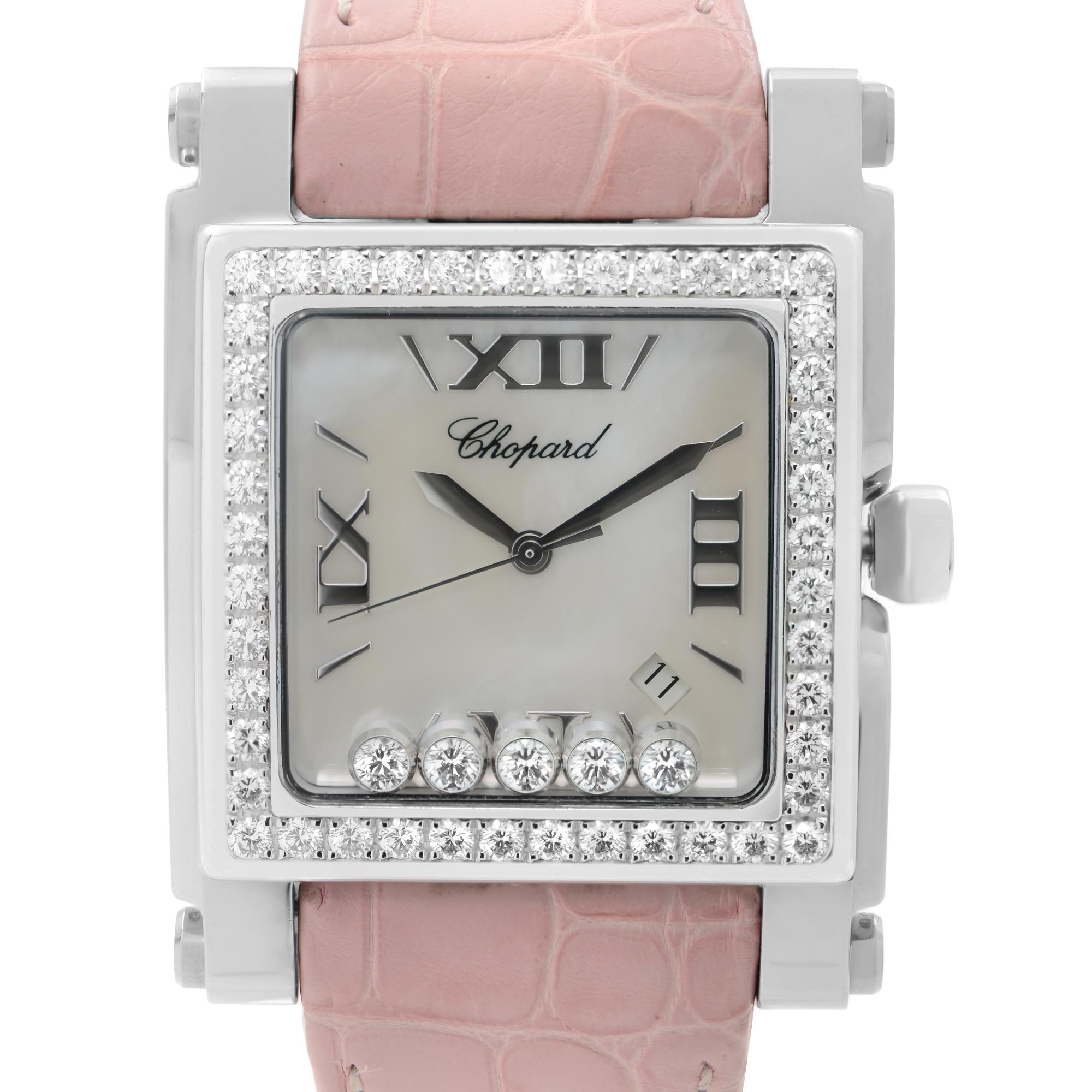 Pre Owned Chopard Happy Sport Stainless Steel Mother of Pearl Dial Pink Leather Strap Ladies Quartz Watch 28/8448-20. card dated 2017. This Beautiful Timepiece Features: Stainless Steel Case with a Pink leather Strap, Fixed Diamond Embedded