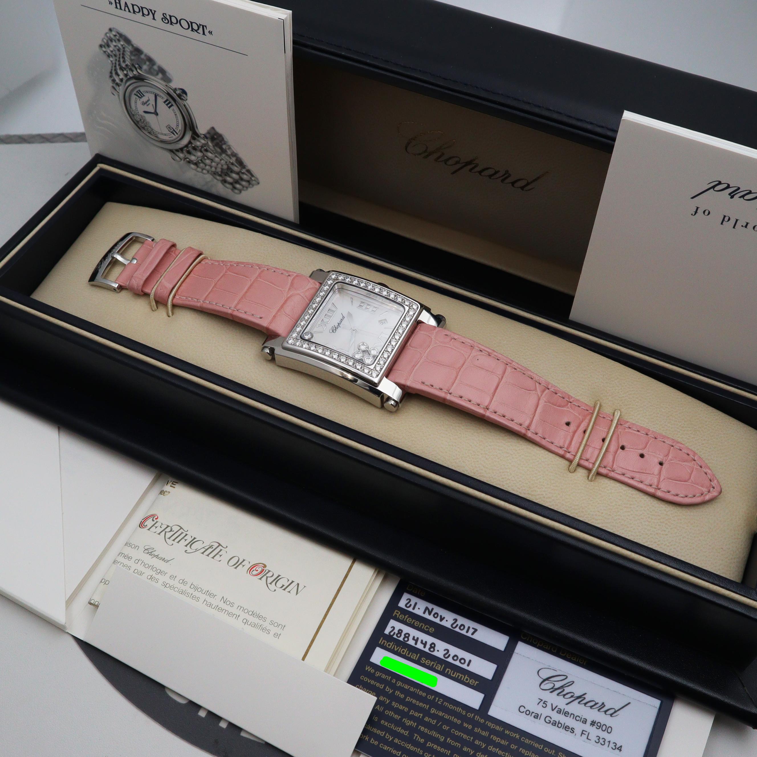 Women's Chopard Happy Sport Steel MOP Dial Leather Strap Ladies Quartz Watch 288448-2001 For Sale