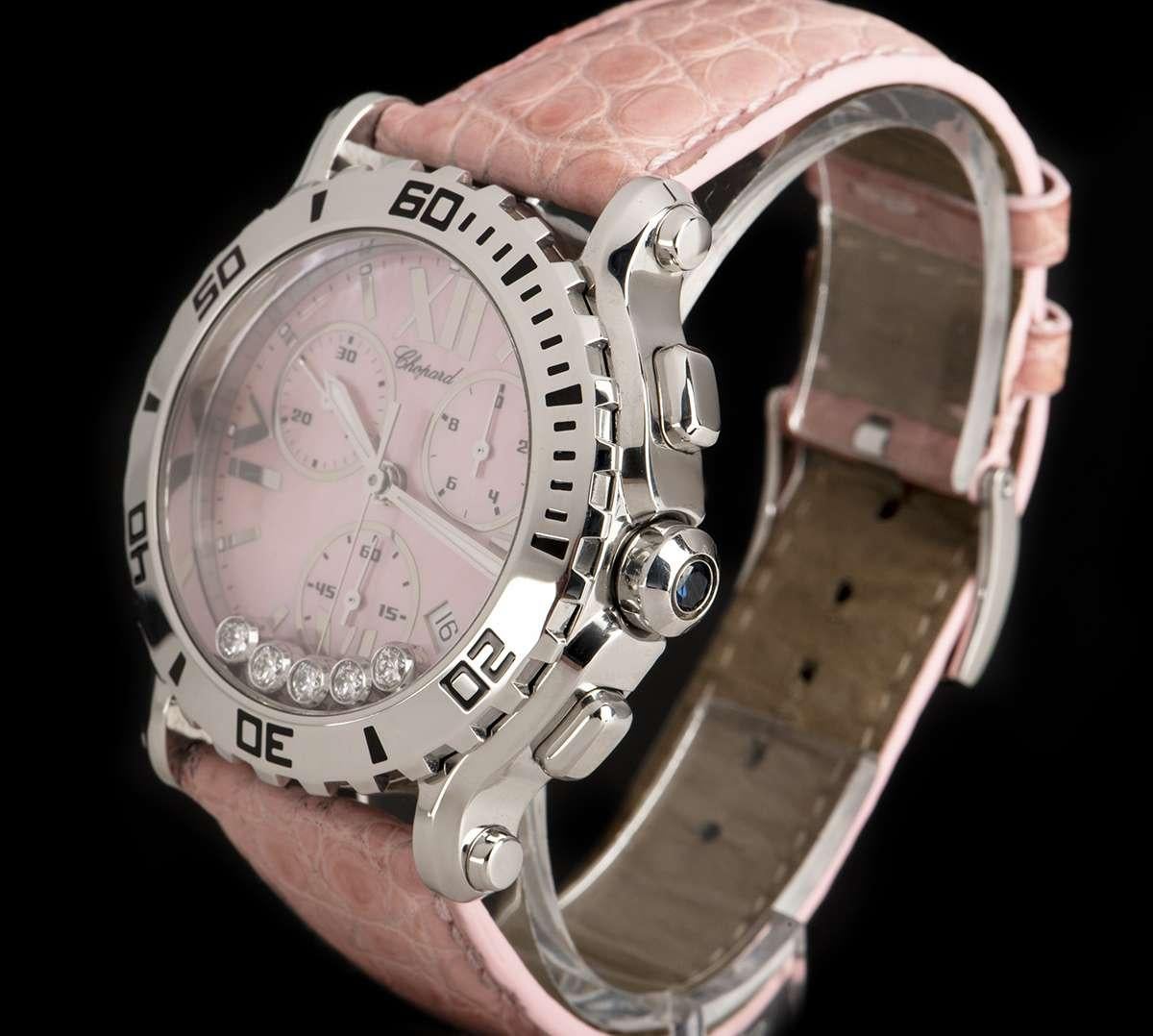 A Stainless Steel Happy Sport Chronograph Ladies Wristwatch, pink mother of pearl dial with applied hour markers and applied roman numerals III, VI, IX and XII, hour recorder at 2 0'clock, date between 4 and 5 0'clock, small seconds at 6 0'clock, 30
