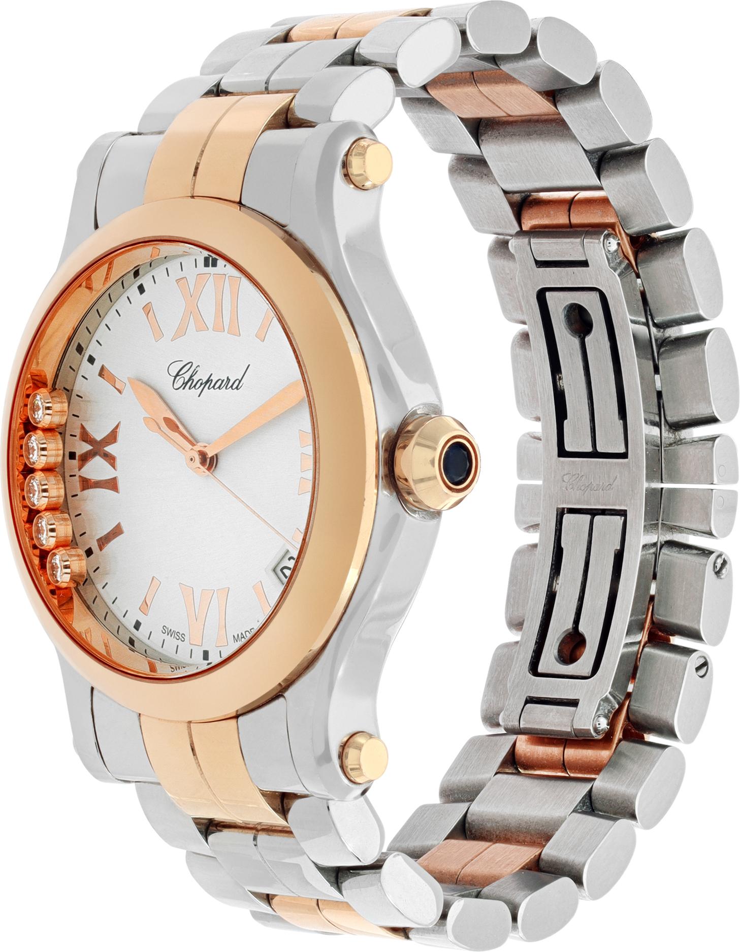 Chopard Happy Sport with five floating diamonds in 18k & stainless steel. Quartz w/ sweep seconds and date. 36 mm case size. Ref 8582. Fine Pre-owned Chopard Watch.

 Certified preowned Classic Chopard Happy Sport 8582 watch is made out of Stainless