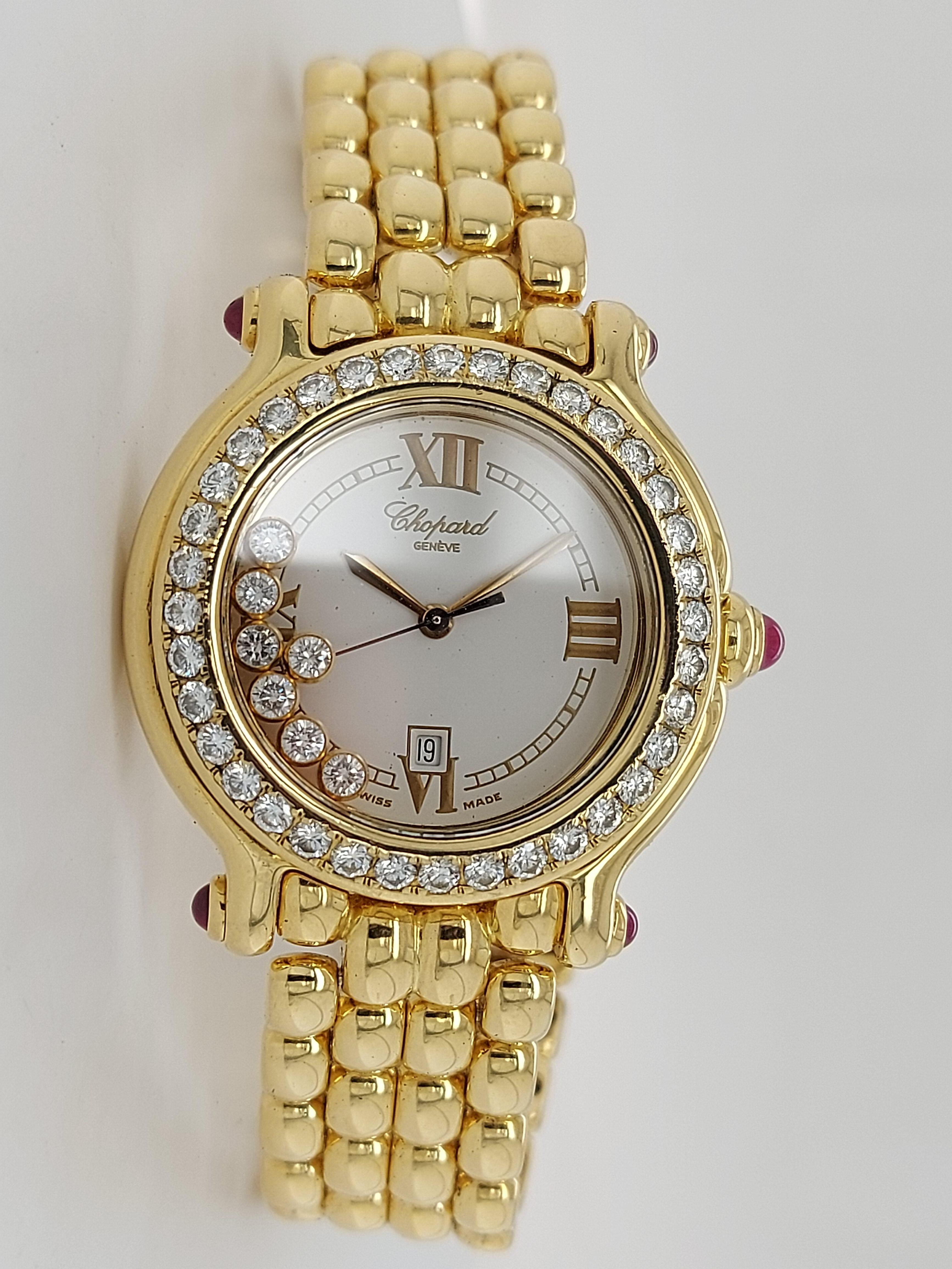 Condition: Like New 
Gender: Ladies
Dial Color: White 7 Floating Diamonds
Case: 18k Yellow Gold 32 mm
Bracelet: 18k solid Yellow Gold,to fit a 17 cm wrist.(links can be ordered if needed bigger size)
Bezel: 18k Yellow Gold Diamond Set By
