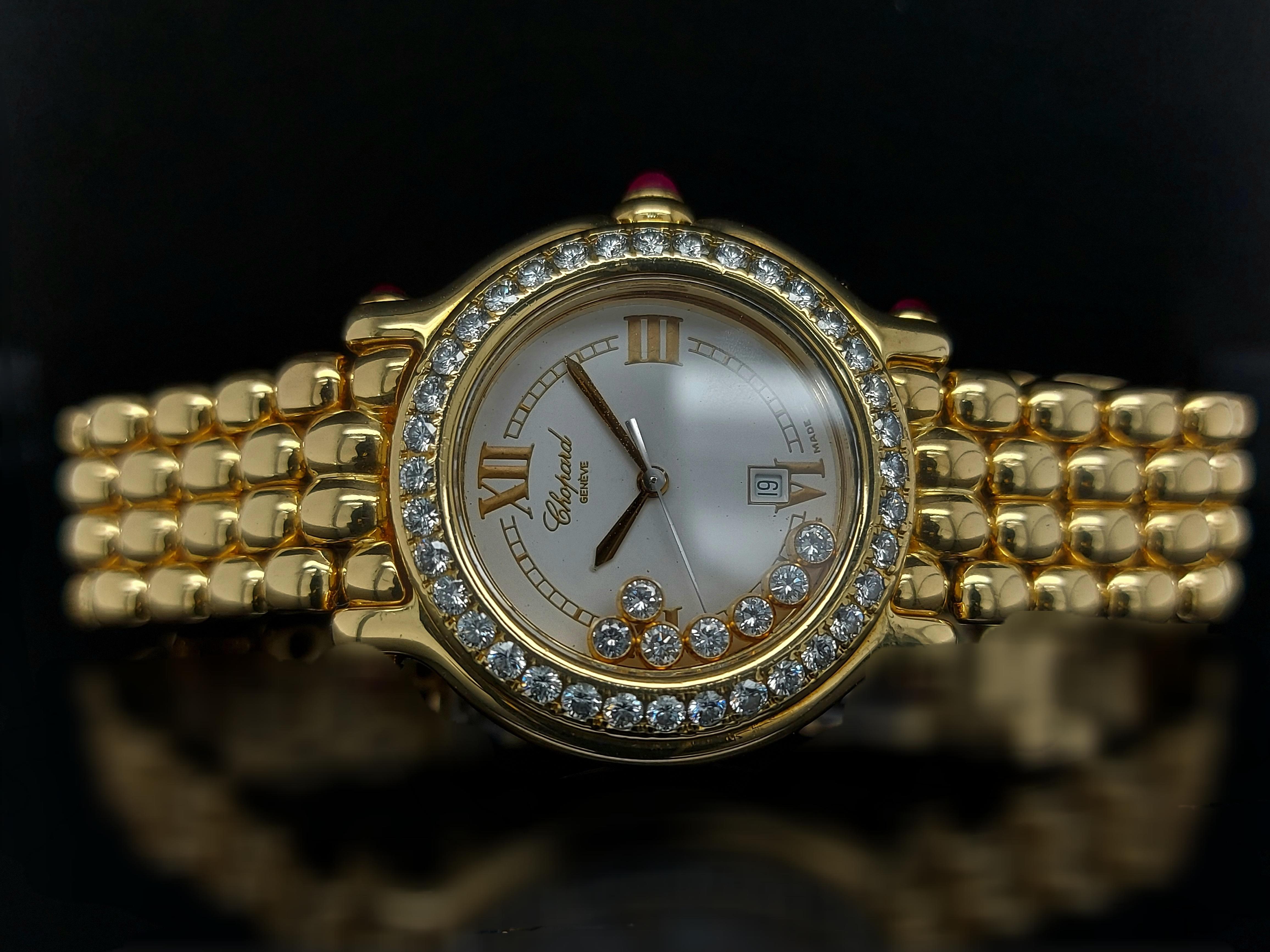 Modern Chopard Happy Sport Watch Yellow Gold Bracelet 27/6137-21 White Dial, Diamonds