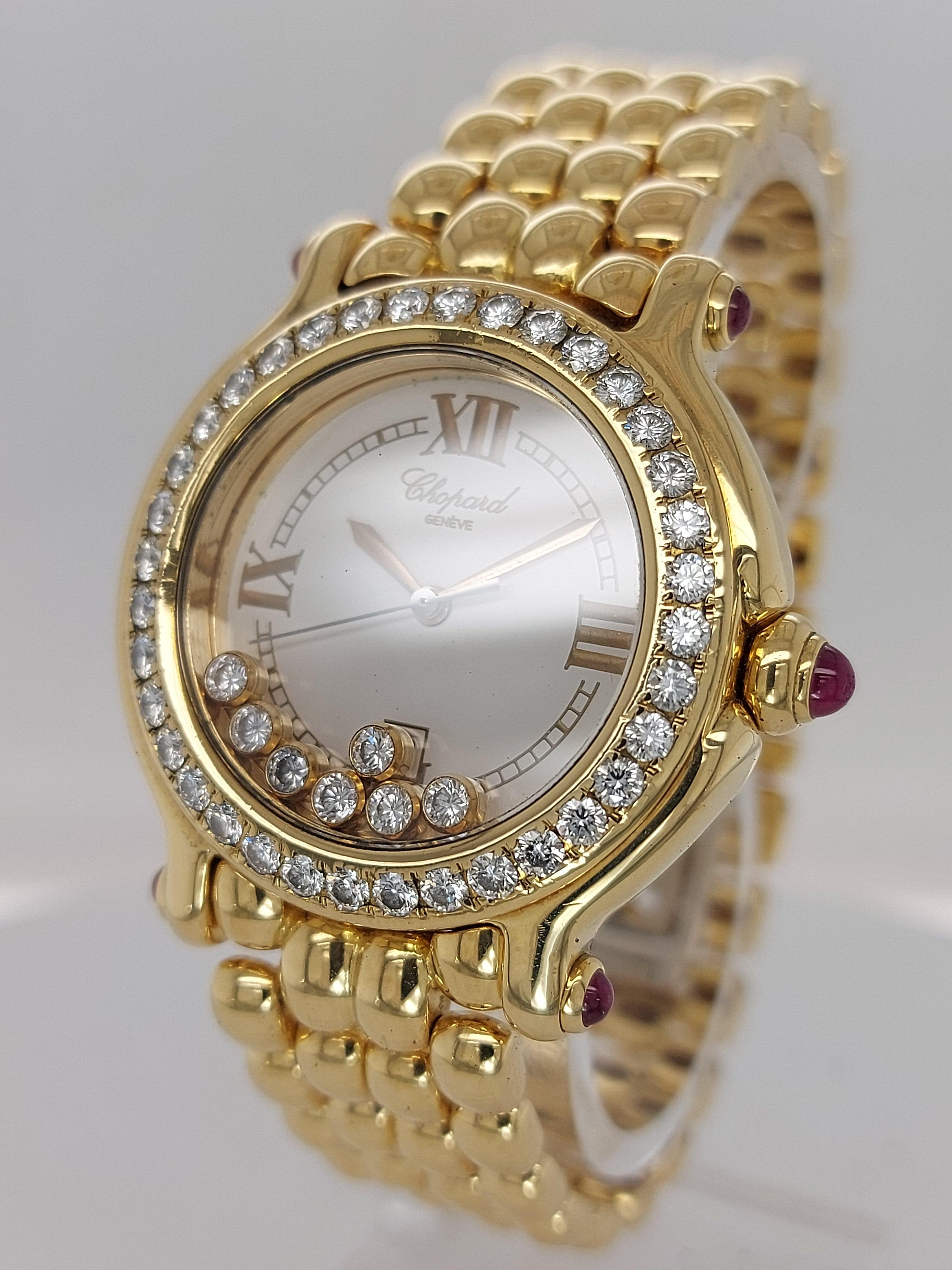 Brilliant Cut Chopard Happy Sport Watch Yellow Gold Bracelet 27/6137-21 White Dial, Diamonds
